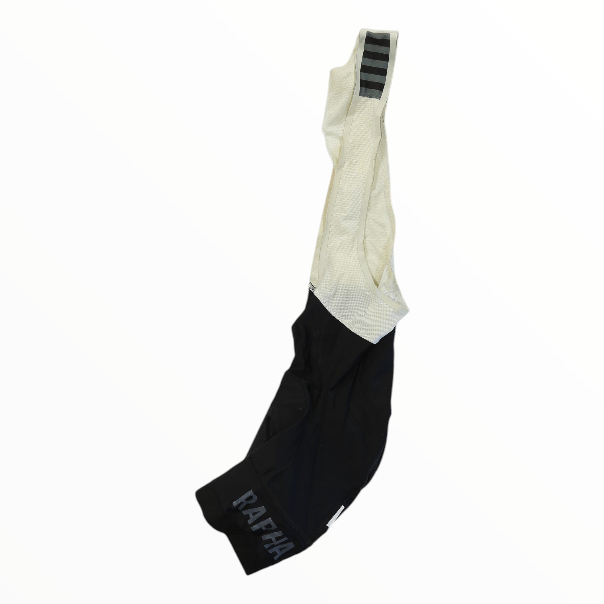 Rapha Pro Team bib shorts with cream upper bib, black lower panel, striped cuff, RAPHA print
