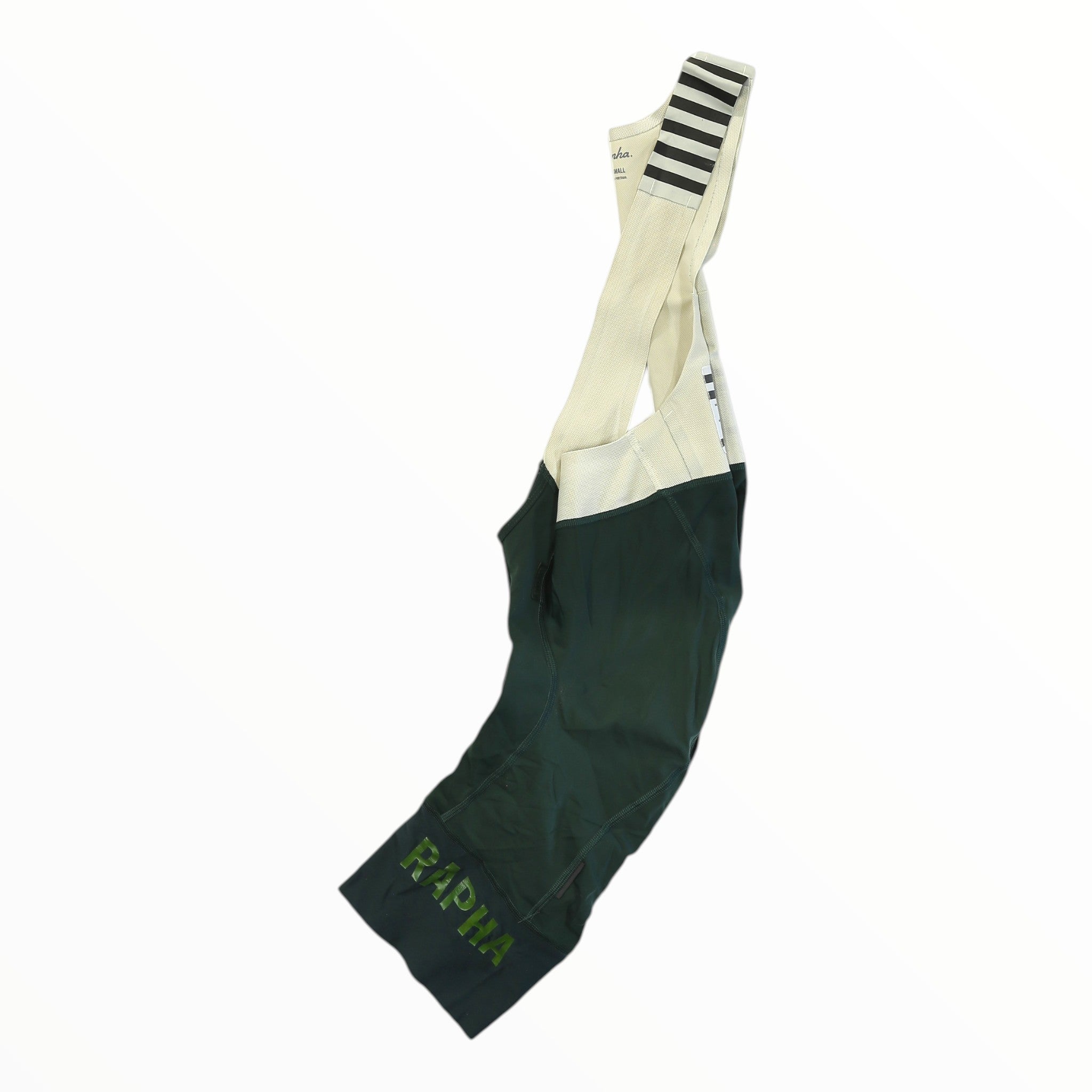 Rapha Pro Team bib shorts with white upper, dark green lower, striped cuff, RAPHA logo