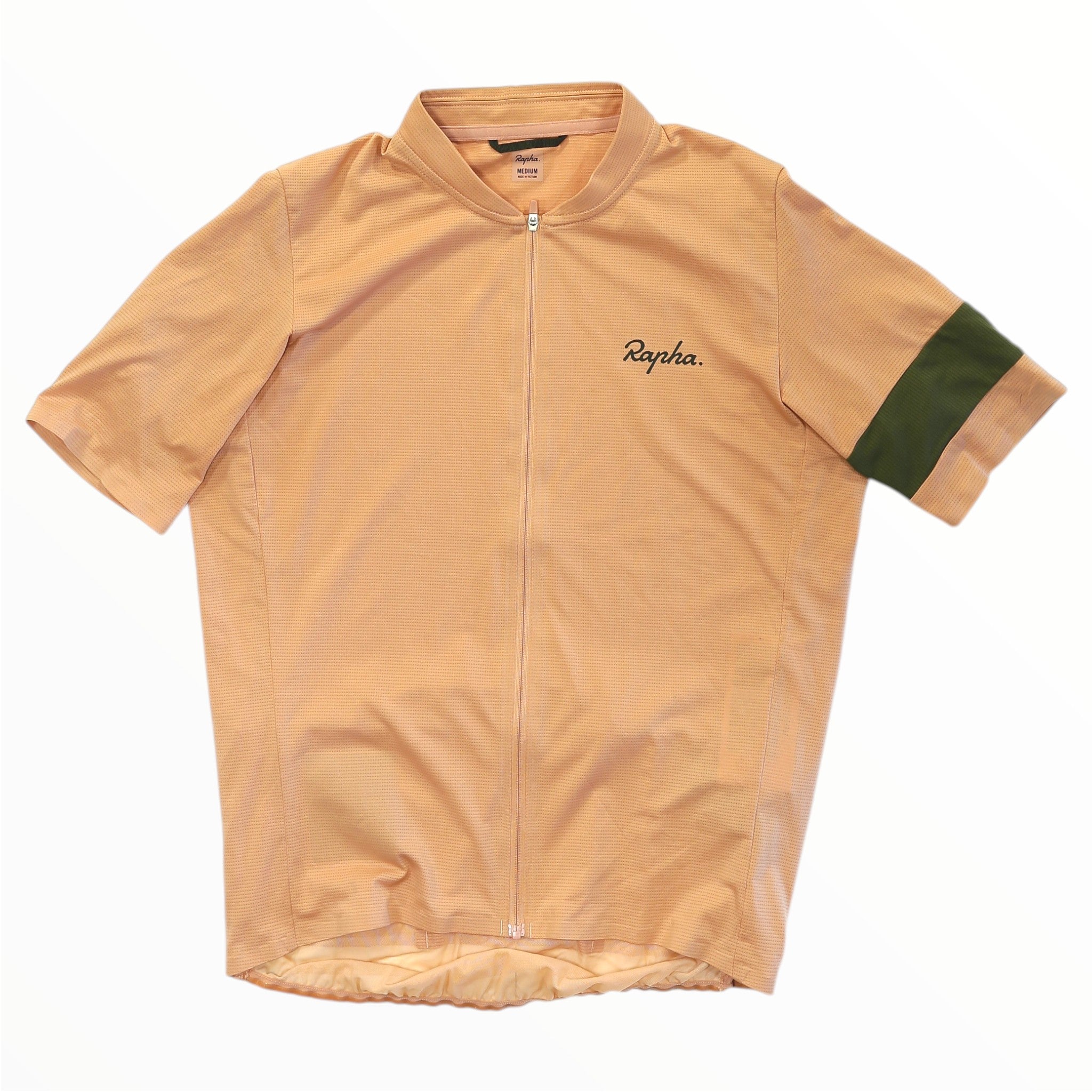 Men's Rapha flyweight cycling jersey, tan with green sleeve accents, full-zip