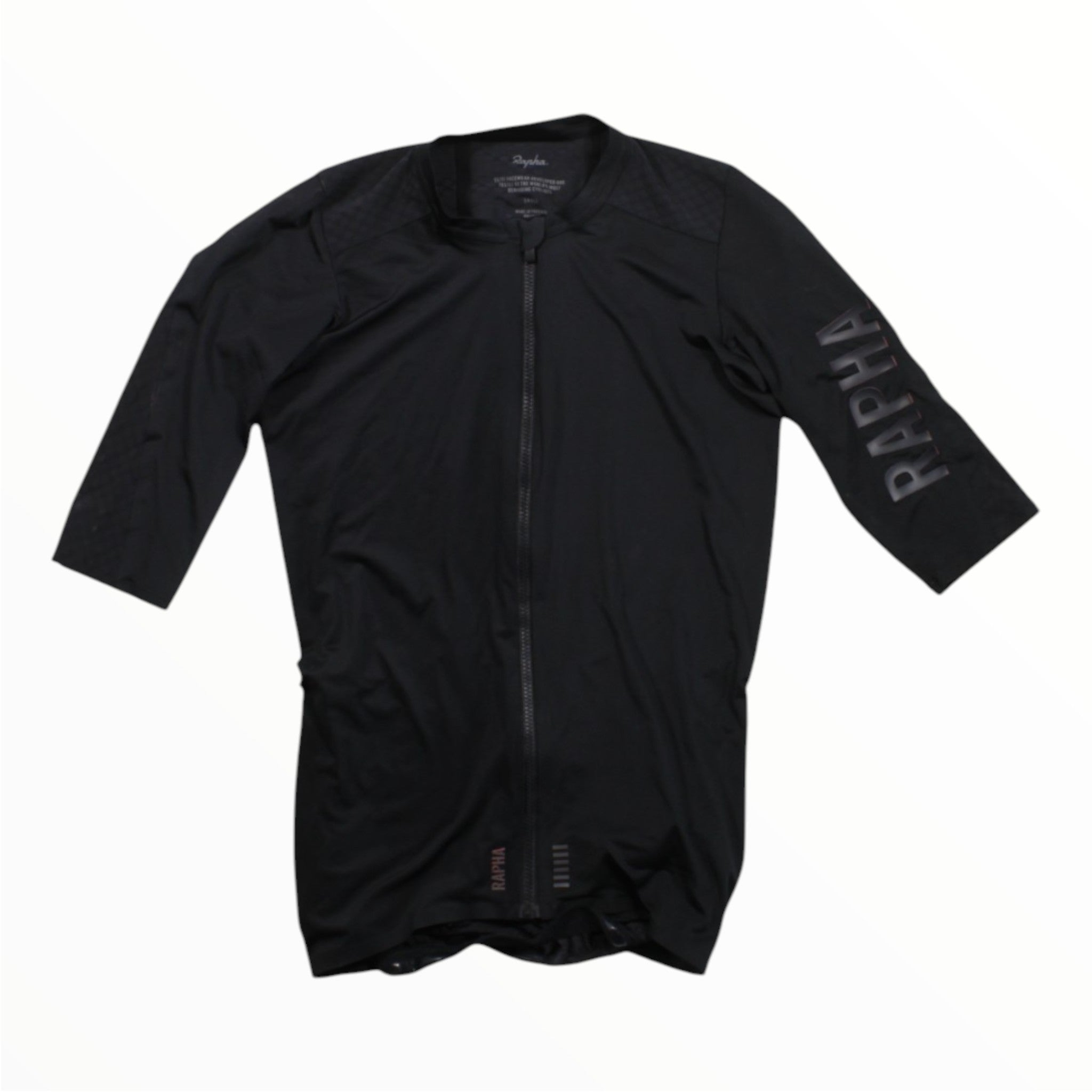 Black cycling jersey with full front zipper, short sleeves, Rapha logo on sleeve.