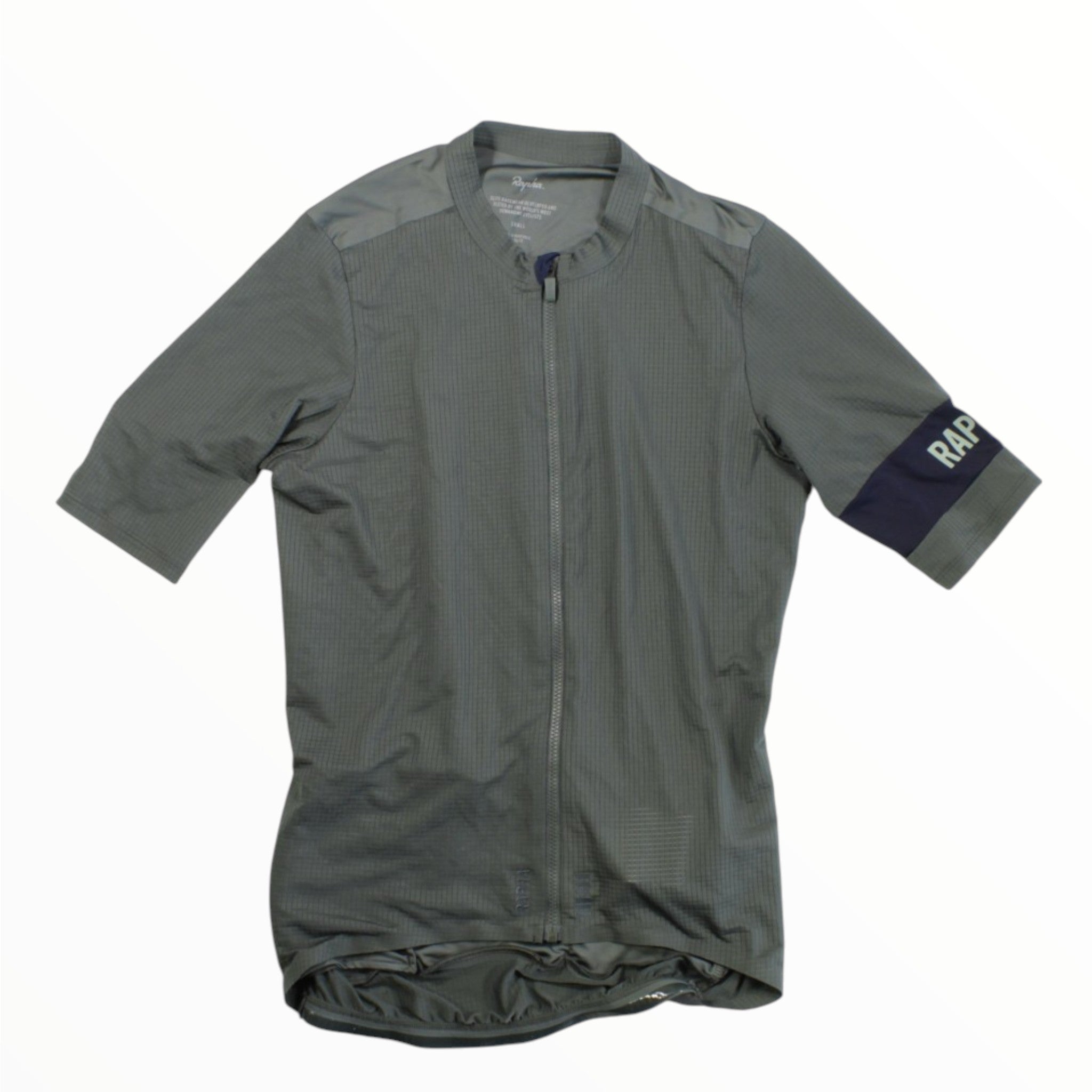 The Rapha Pro Team Flyweight Jersey is a short-sleeved, gray ultralight cycling top with a front zipper and a dark left sleeve band featuring "RAPHA" in white—designed for peak performance.