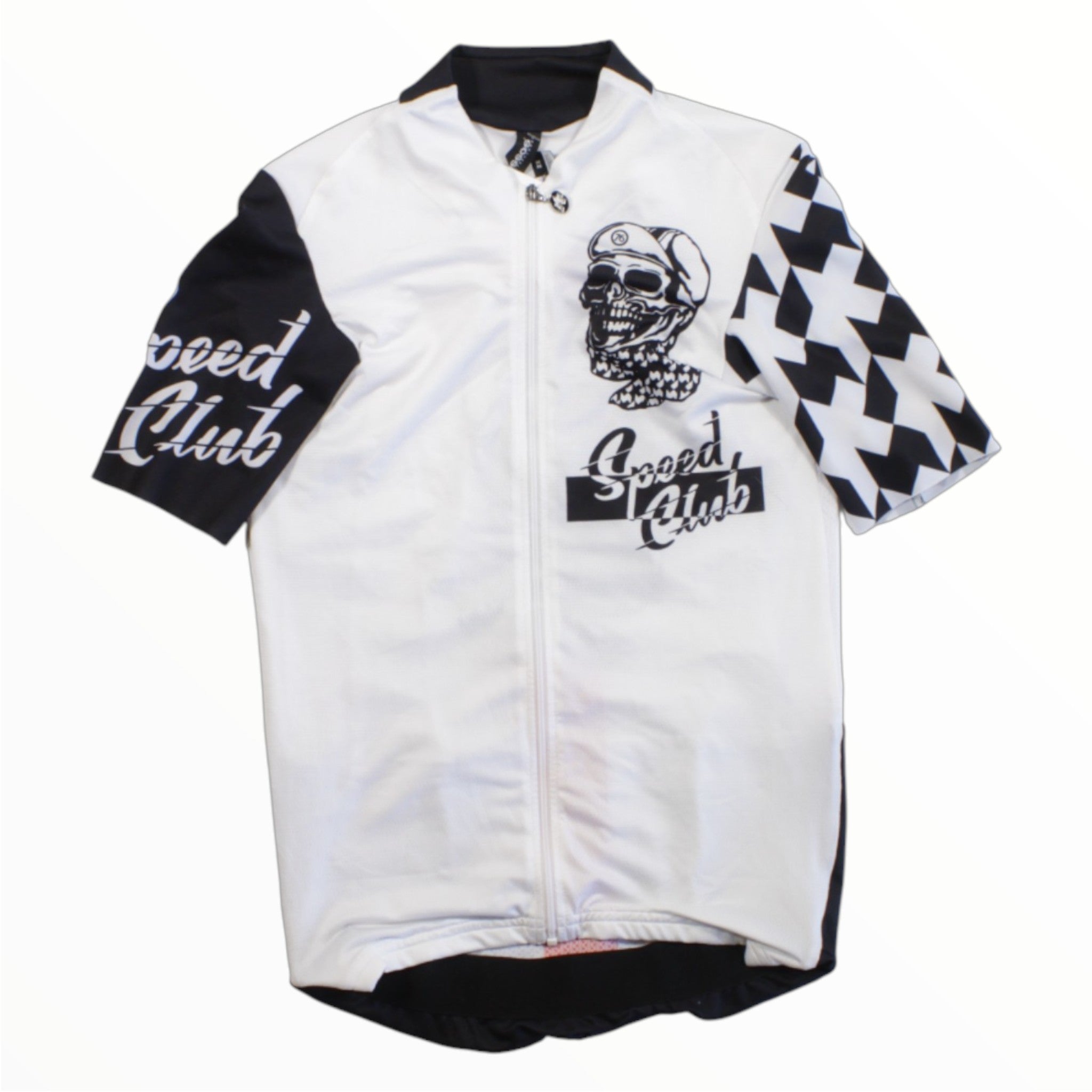 Short-sleeve cycling jersey in white with black accents and Speed Club graphic, zipper