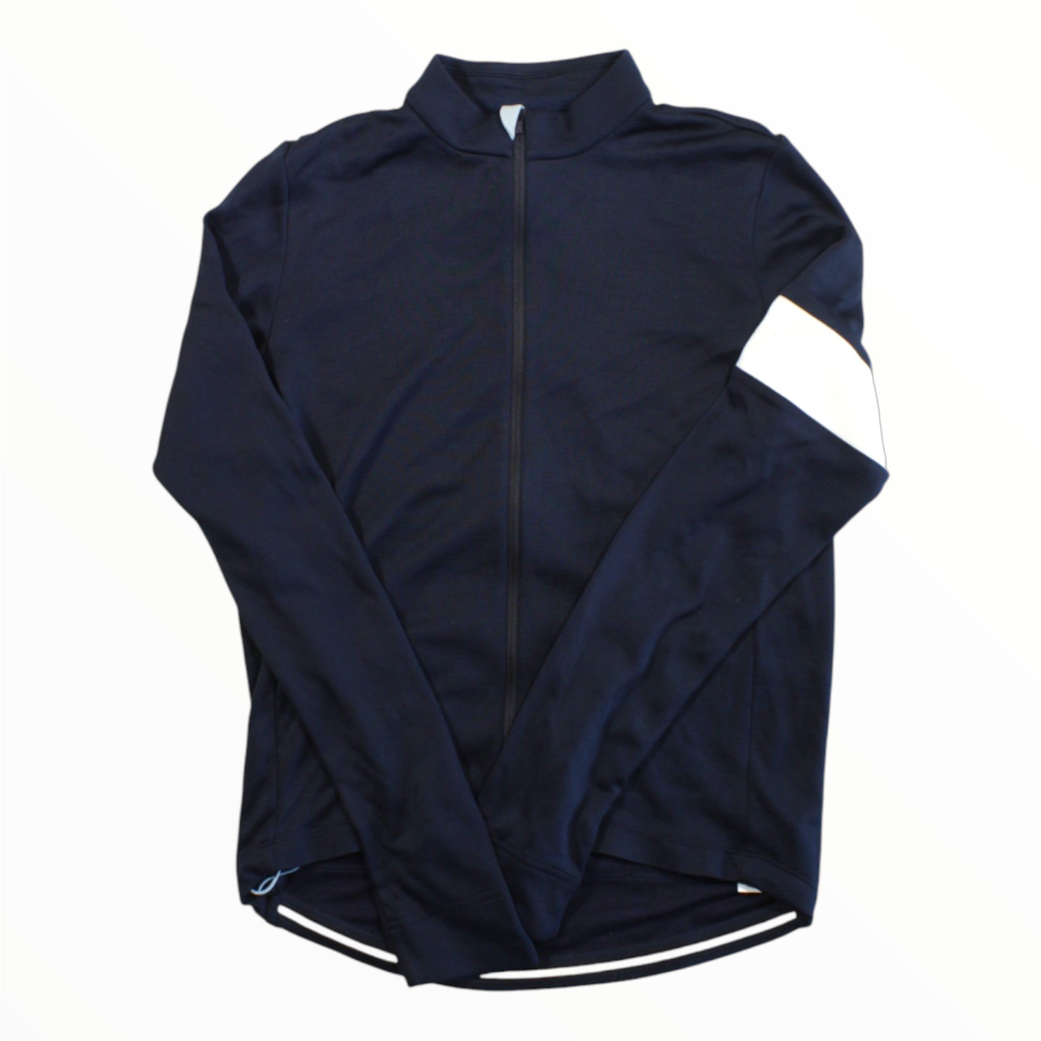 Men's long sleeve cycling jersey in navy with white panel on right sleeve, full zip.