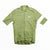 The Rapha Mens Core Jersey in light green features short sleeves, a full-length front zipper, and a white Rapha logo on the chest. A horizontal white stripe accents the left sleeve. Laid flat on a white background, this high-quality cycling jersey by Rapha is designed to deliver comfort and performance for men.