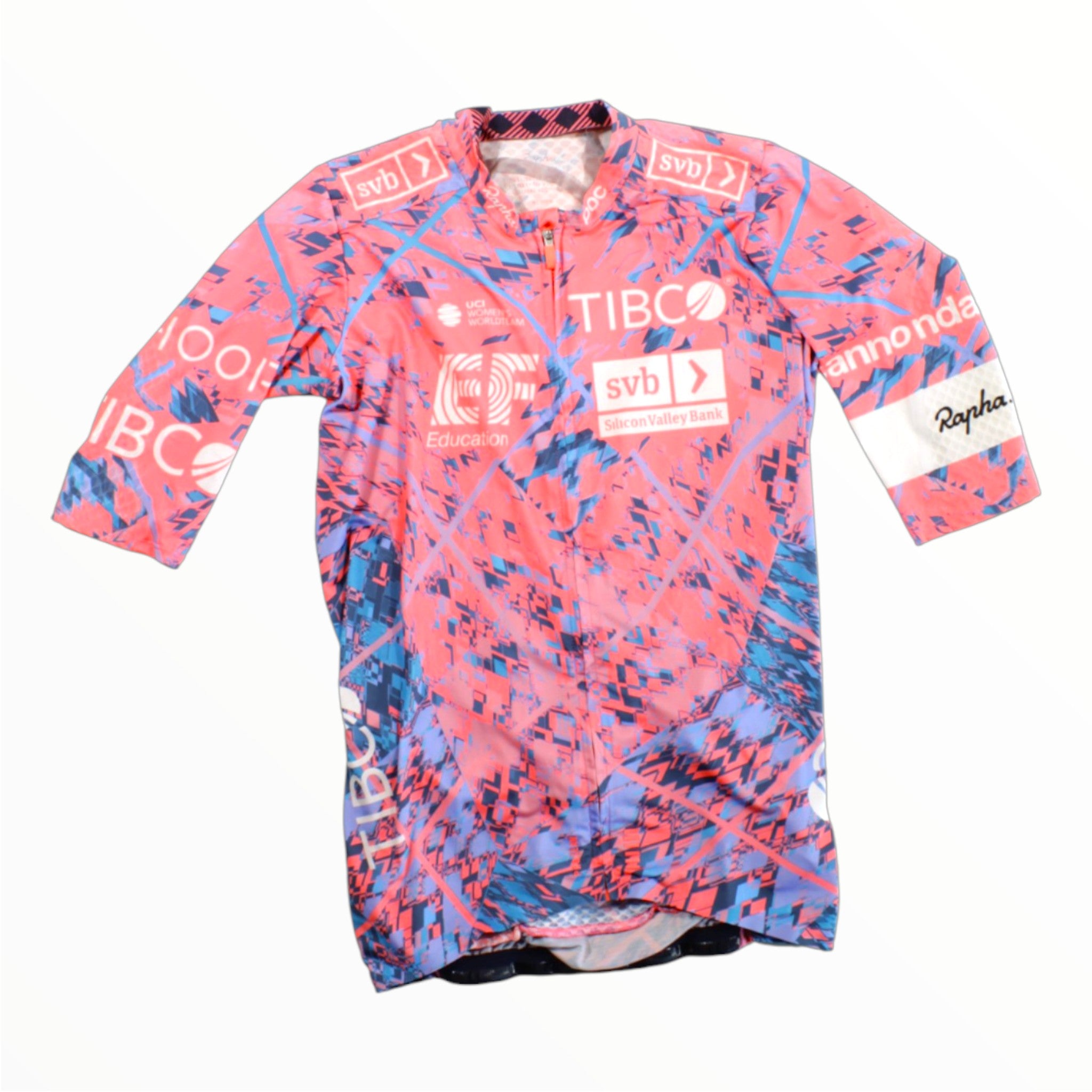 The Rapha EF Education First Men's Pro Team Aero Jersey features a pink and blue geometric pattern with TIBCO, SVB, Cannondale, and Rapha logos—a performance-focused aerodynamic cycling jersey shown on a white background.