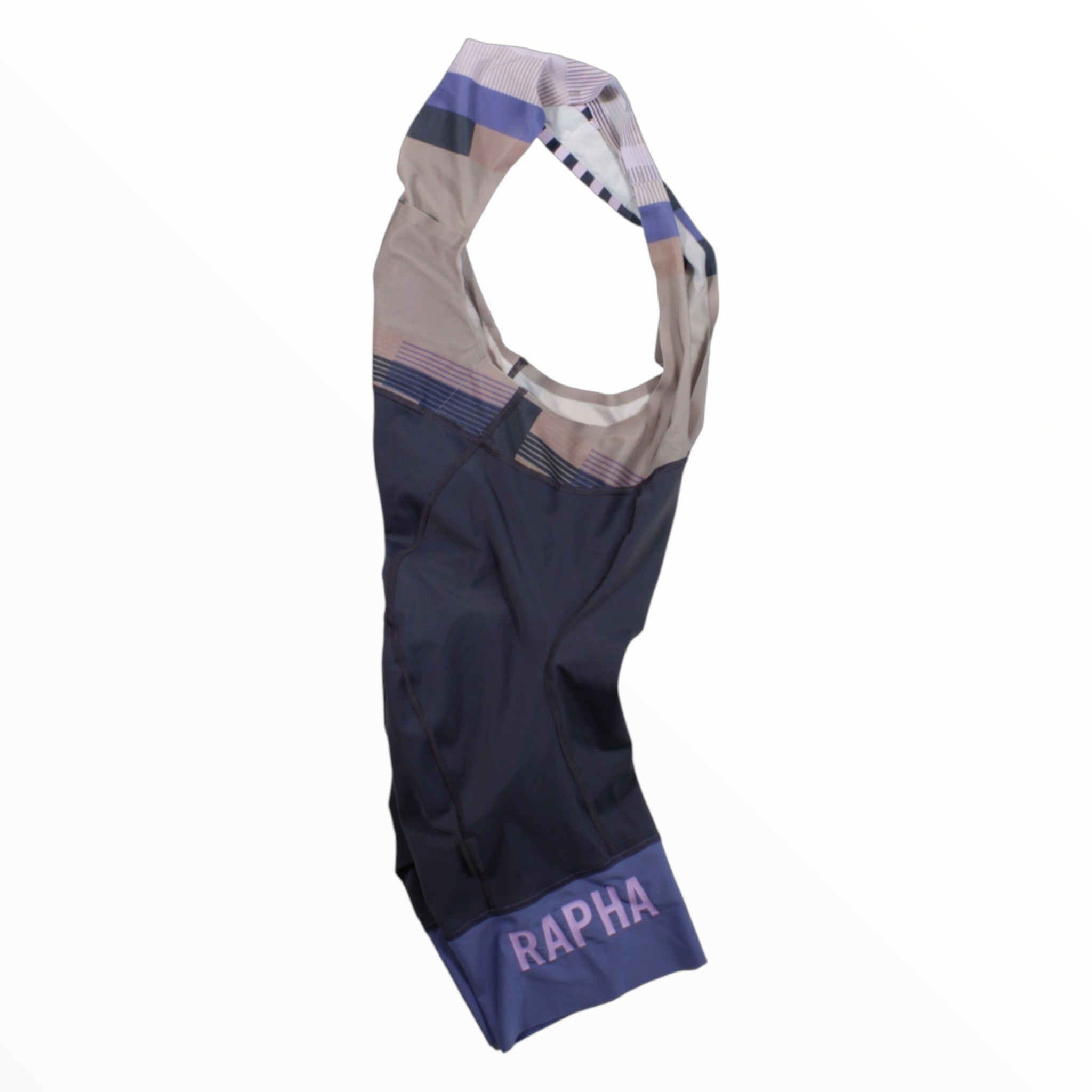 Men's cycling bib shorts in light gray and navy with Rapha logo on leg.