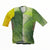 Lime green cycling jersey with full zipper, short sleeves, striped panel pattern.