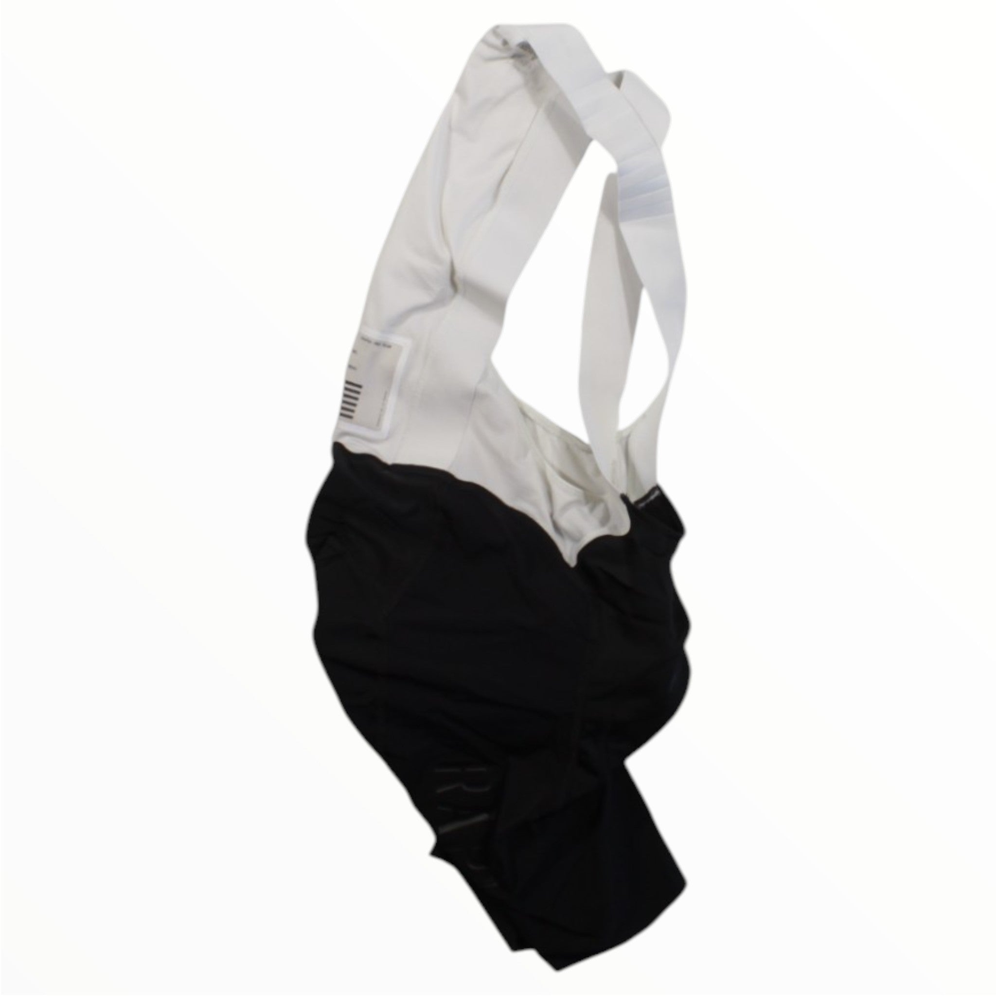 The Rapha Classic Bib Shorts in black and white, featuring supportive shoulder straps for premium cycling performance, are displayed on a plain white background.