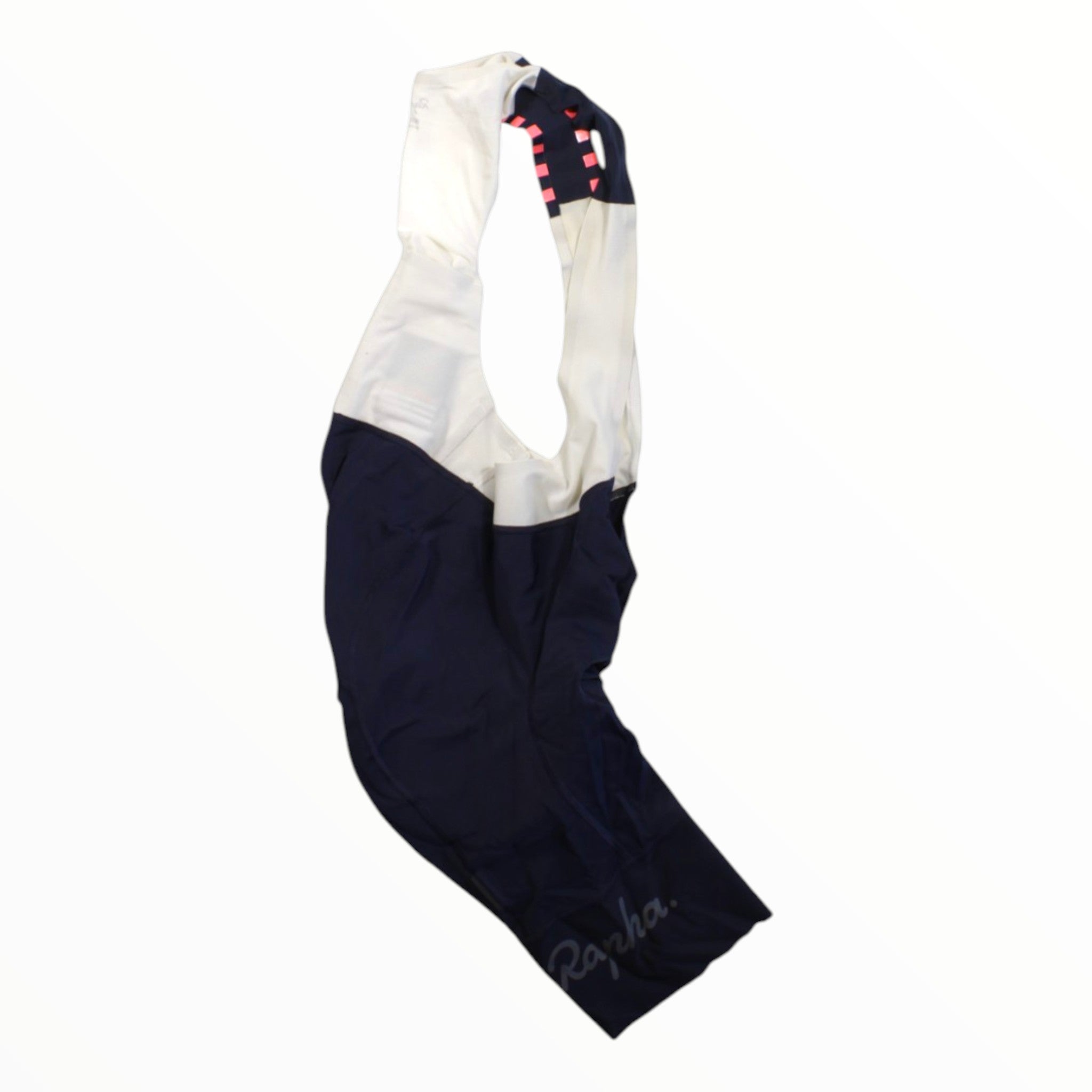 Men's Rapha bib shorts, white bib with dark navy lower and small Rapha logo.