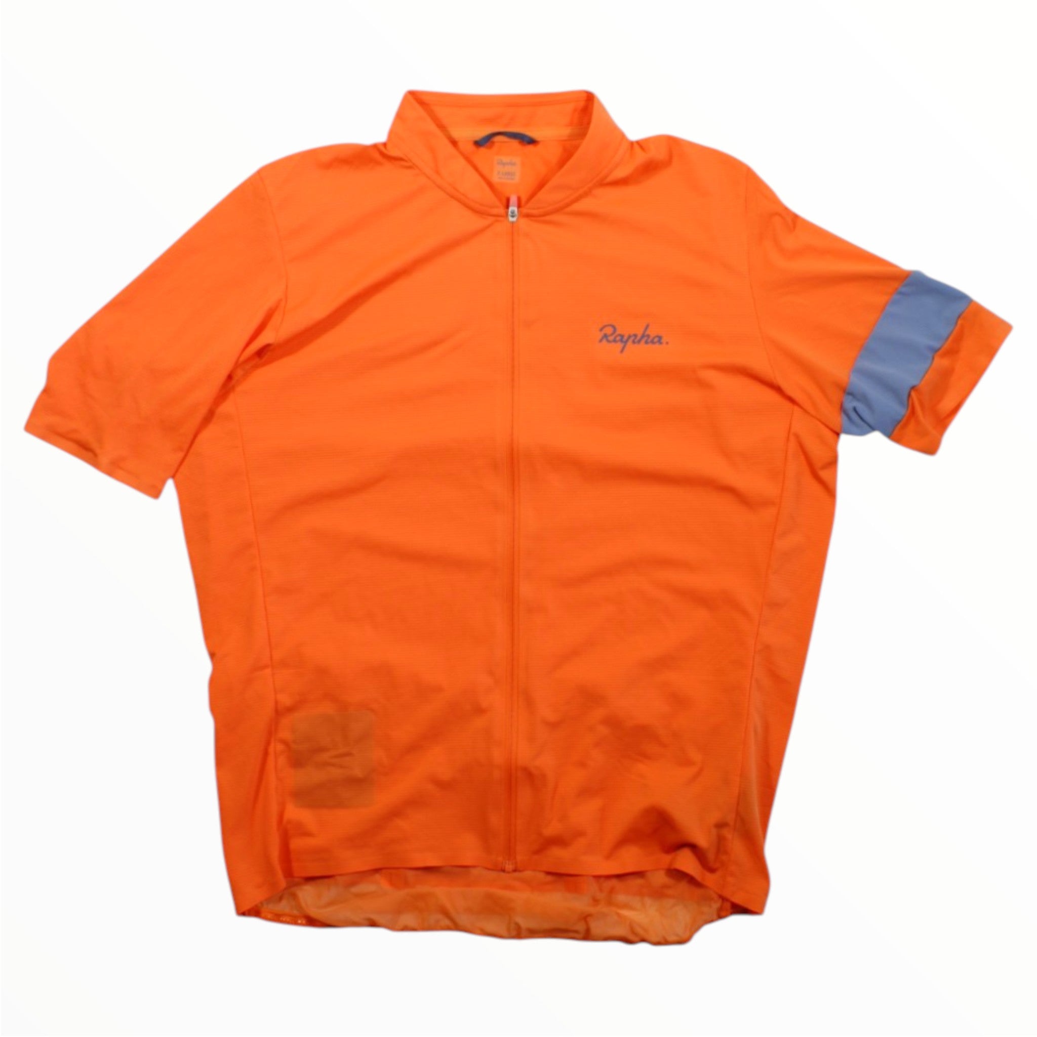 Men's Rapha flyweight cycling jersey, bright orange with blue sleeve stripe, full-zip