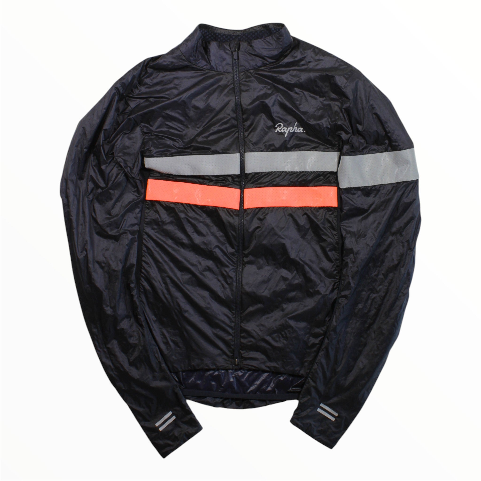 Men's insulated cycling jacket, dark navy with gray band and orange stripe detail