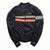 Men's insulated cycling jacket, dark navy with gray band and orange stripe detail