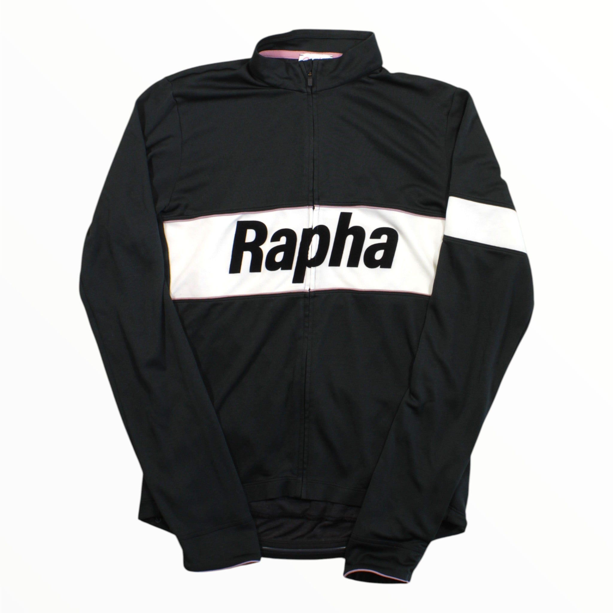 Men's long sleeve cycling jersey in black with large white Rapha logo panel, full zip.
