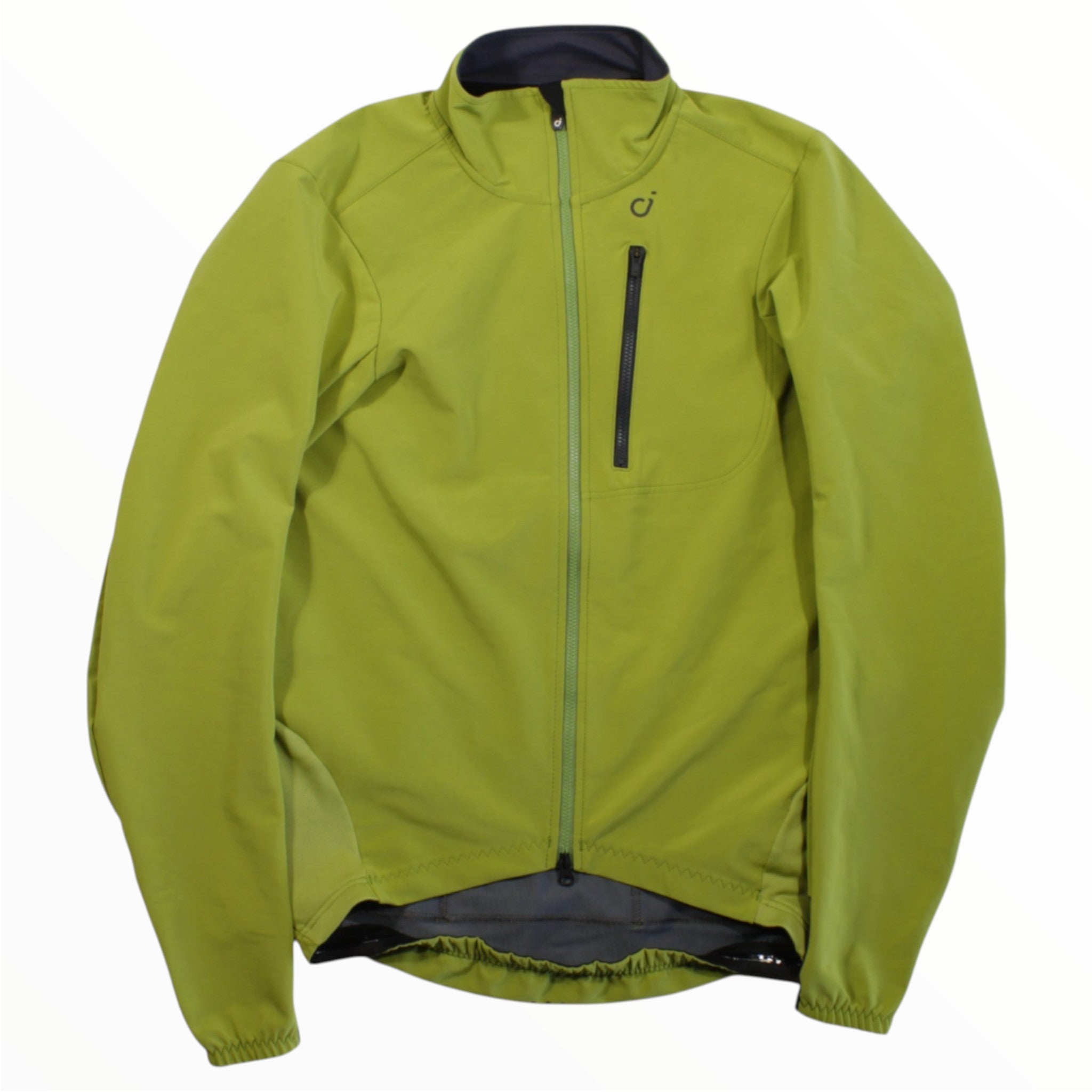 The Velocio Mens Signature Softshell Jacket in neon green has a zippered front pocket, dark grey collar, and interior lining—ideal for high-performance cycling.