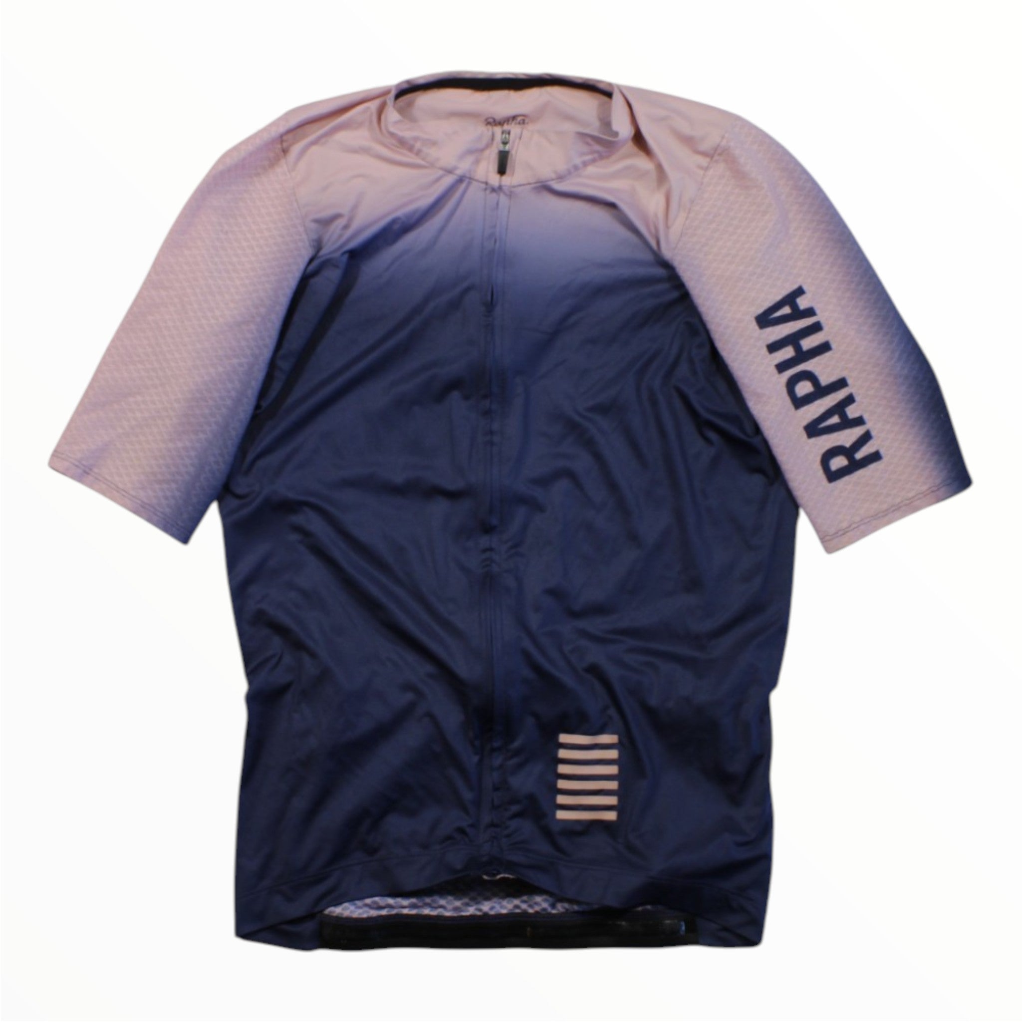 Navy cycling jersey with light sleeves, full front zipper and Rapha branding on arms.