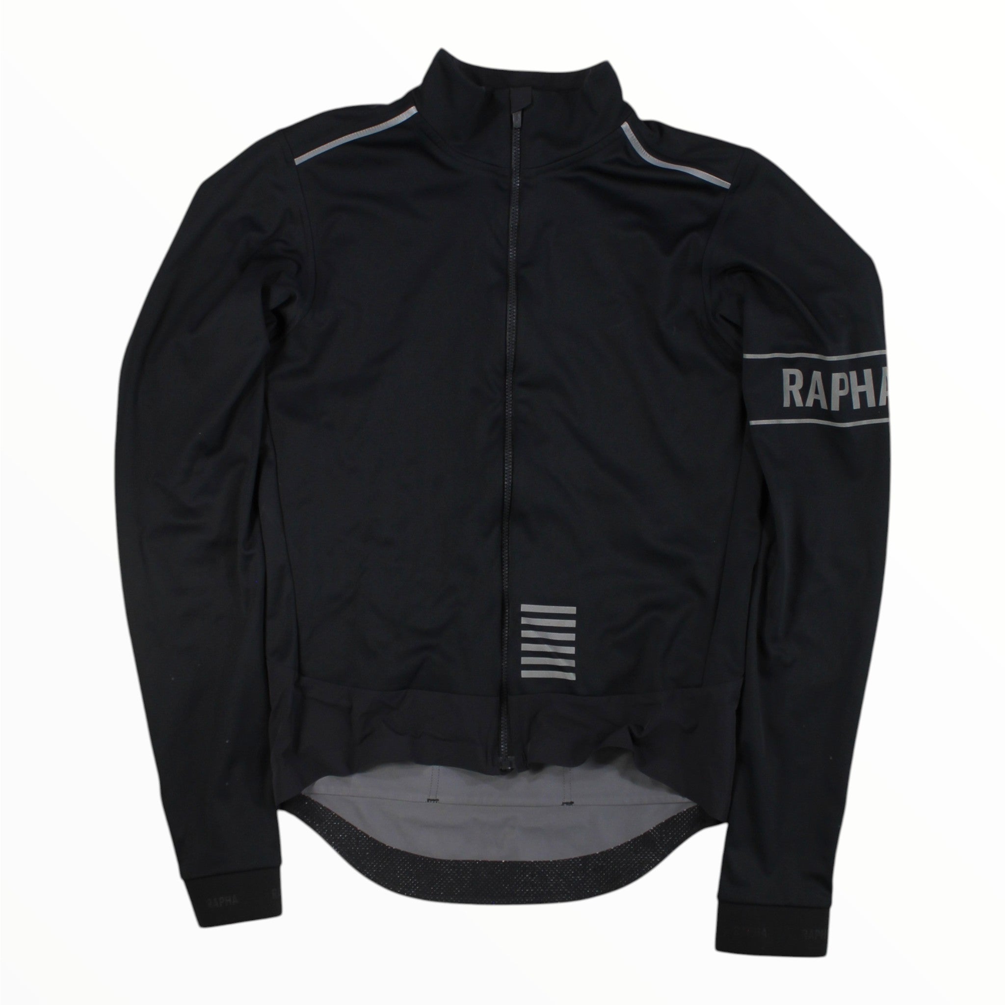 Black long-sleeve cycling jersey with full-length zipper and reflective side stripes