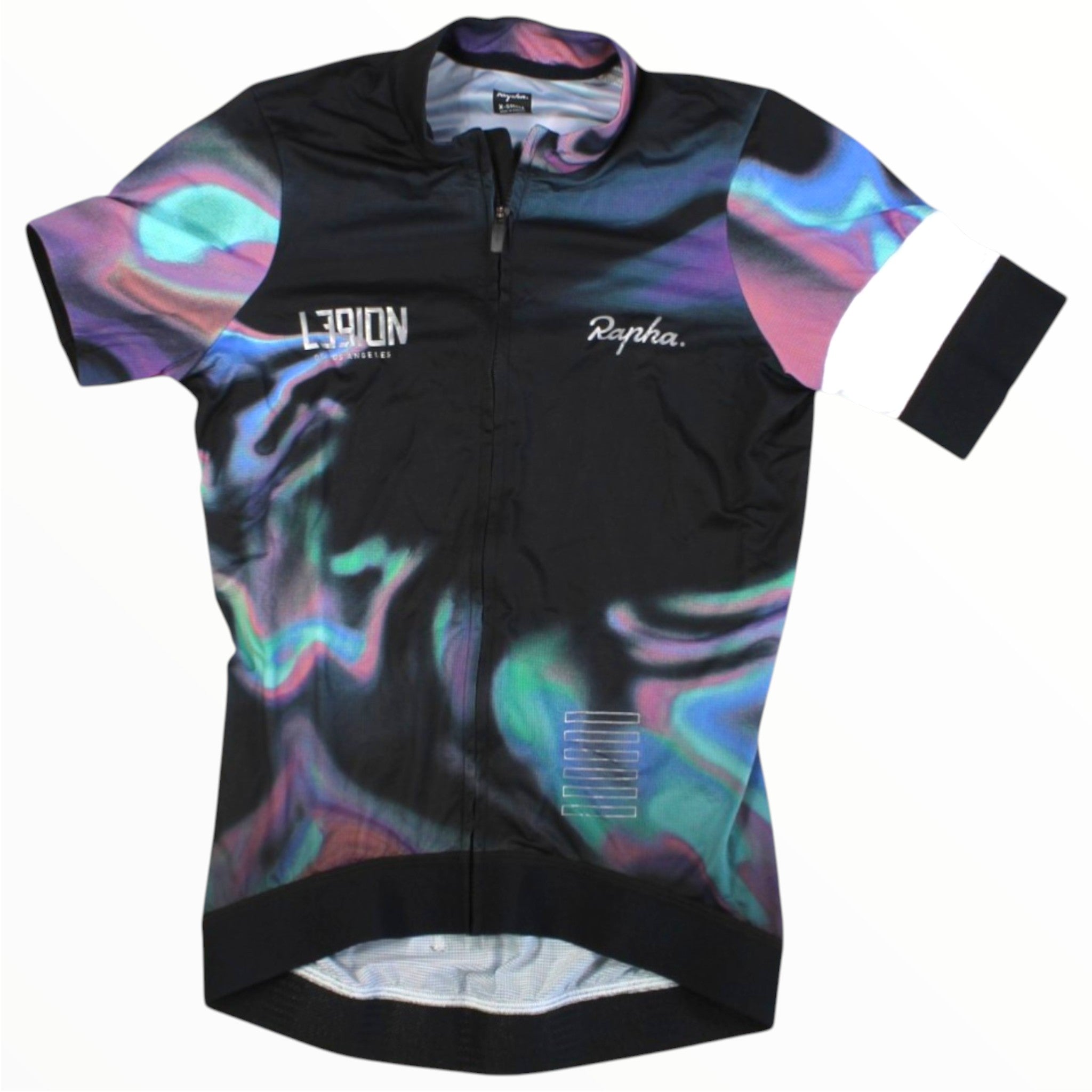 Black womens cycling jersey with colorful gradient sleeves, full-zip short sleeves, logo.