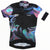 Black womens cycling jersey with colorful gradient sleeves, full-zip short sleeves, logo.