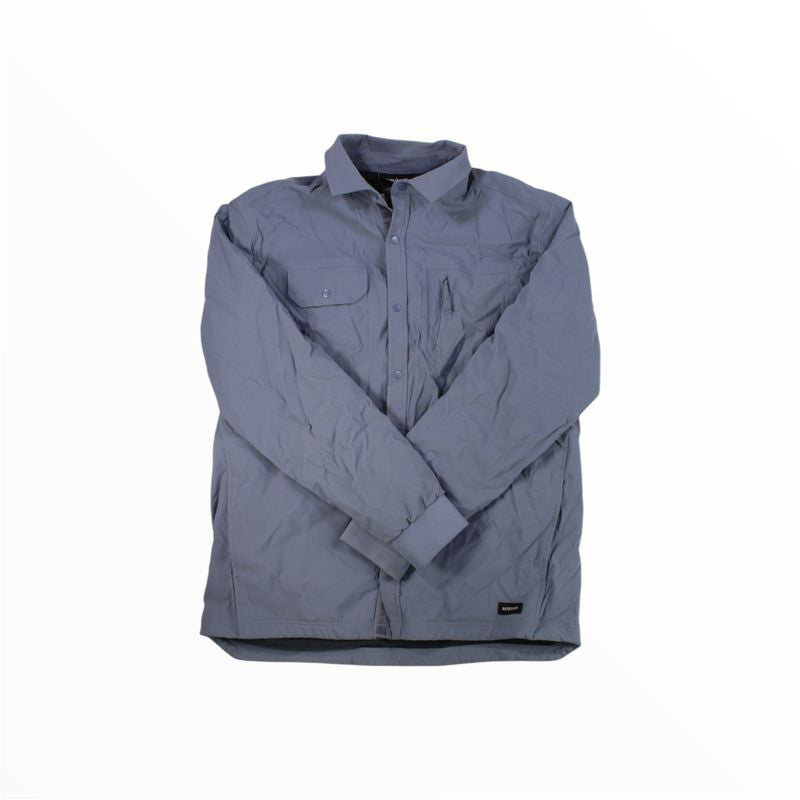 The Burton Mens Brighton Shacket Jacket in light blue, featuring two front chest pockets and crossed long sleeves, is laid flat on a white background—ideal as an outdoor shacket.