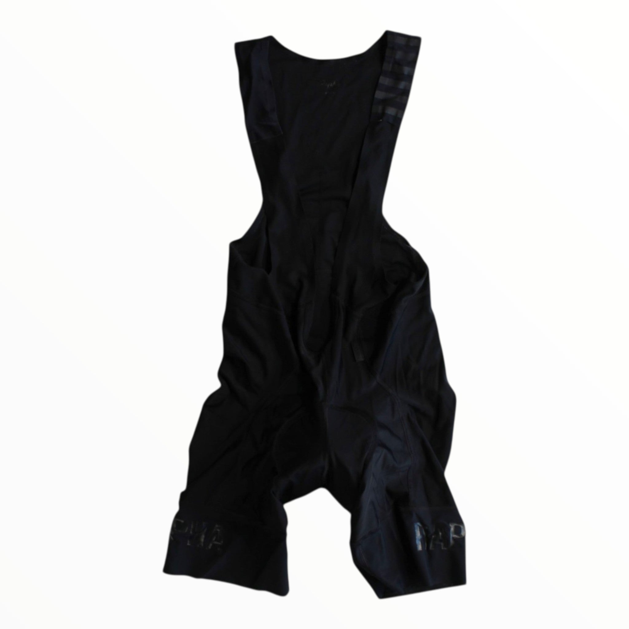 Men's Rapha bib shorts, all-black sleeveless design with subtle side paneling.