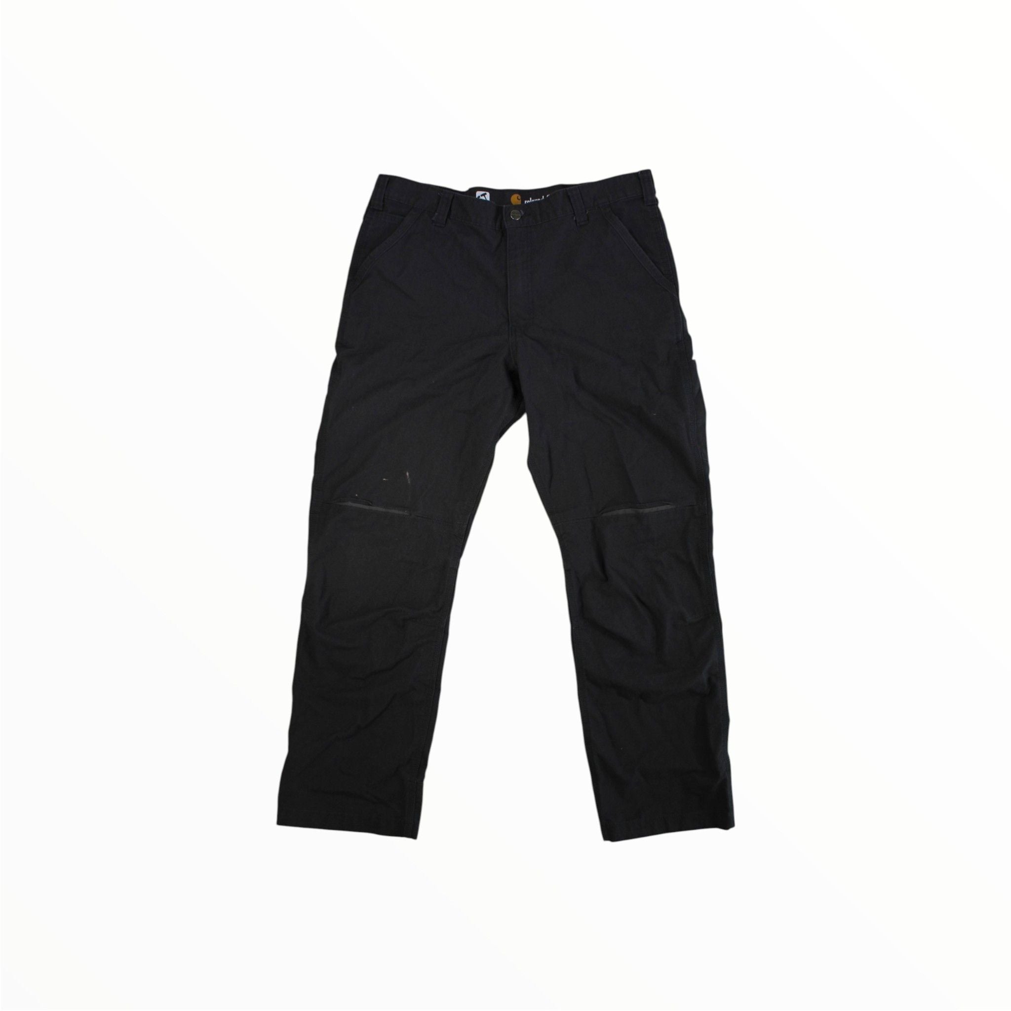 A pair of Carhartt Full Swing Quick Duck Cryder Relaxed Fit Pants in black with side and back pockets, made from durable Quick Duck canvas, are shown laid flat on a white background.