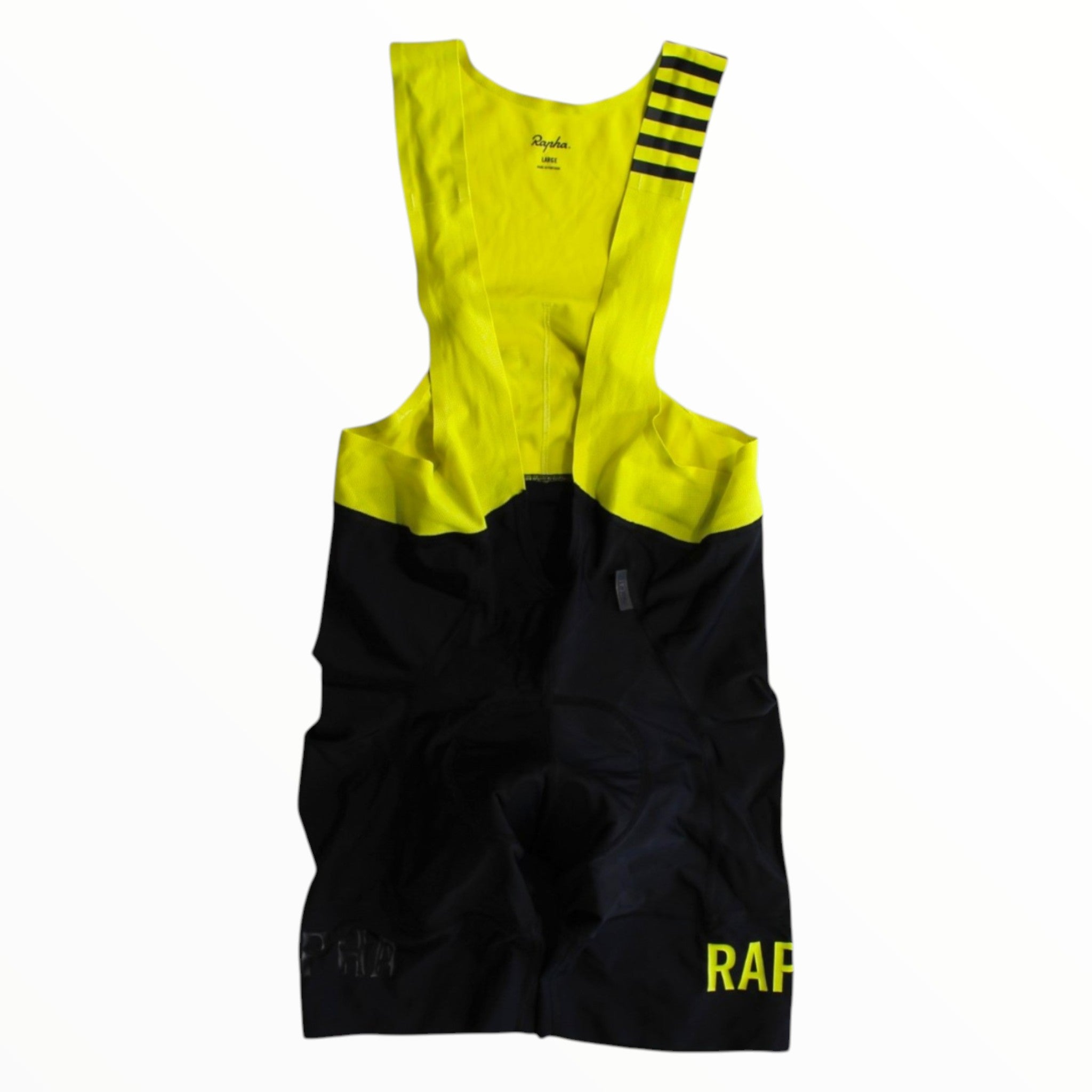 Men's cycling bib shorts with neon yellow top and black legs, yellow Rapha lettering