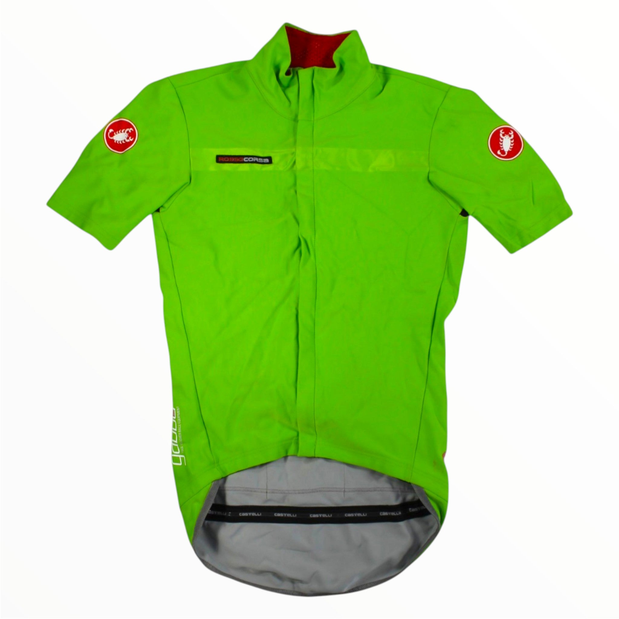 Men's Castelli cycling jersey, short sleeves, full-zip, neon green with red logos