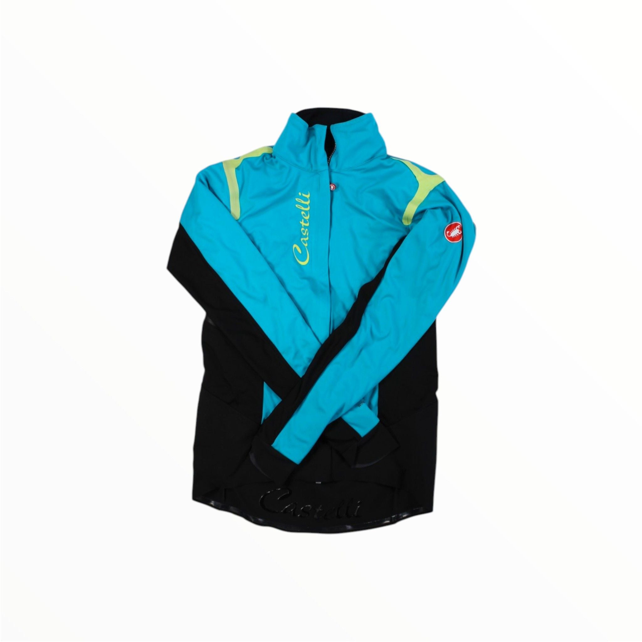 The Womens Rossa Corsa Full-Zip Cycling Jacket in blue and black features yellow accents and a red Castelli logo on the left sleeve, shown laid flat on a white background. Windproof design blends style with cycling performance.