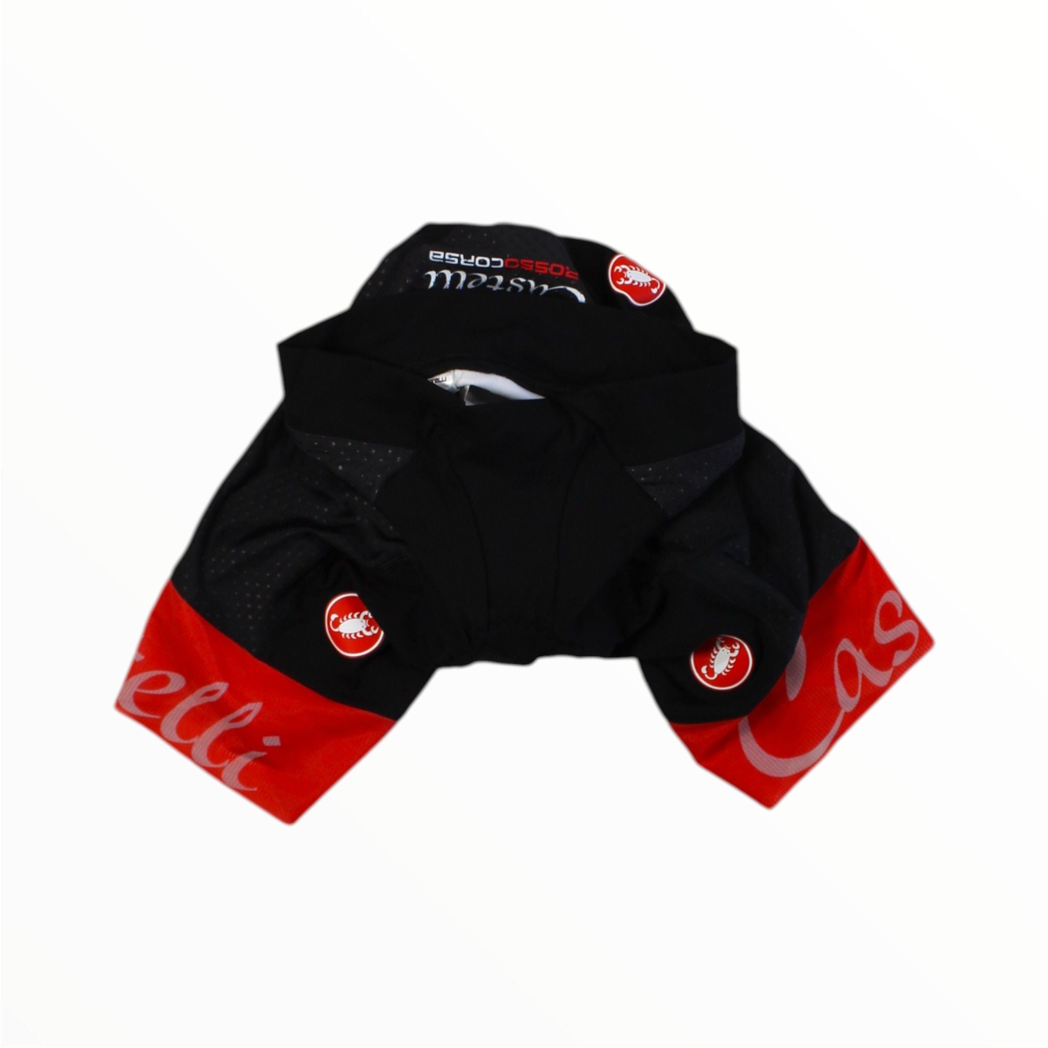 A pair of CASTELLI WOMENS ROSSO CORSA CYCLING SHORTS WITH PAD in black and red is laid flat on a white background, showing the logo on the leg bands—perfect for road cycling.