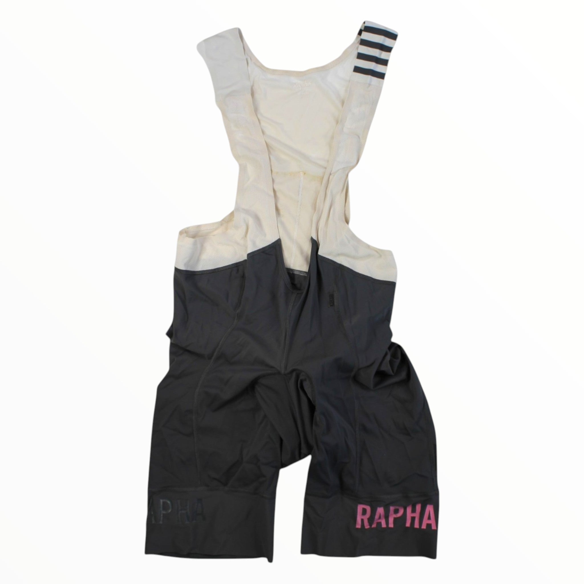 Men's cycling bib shorts with white upper and black legs, Rapha logo on shorts