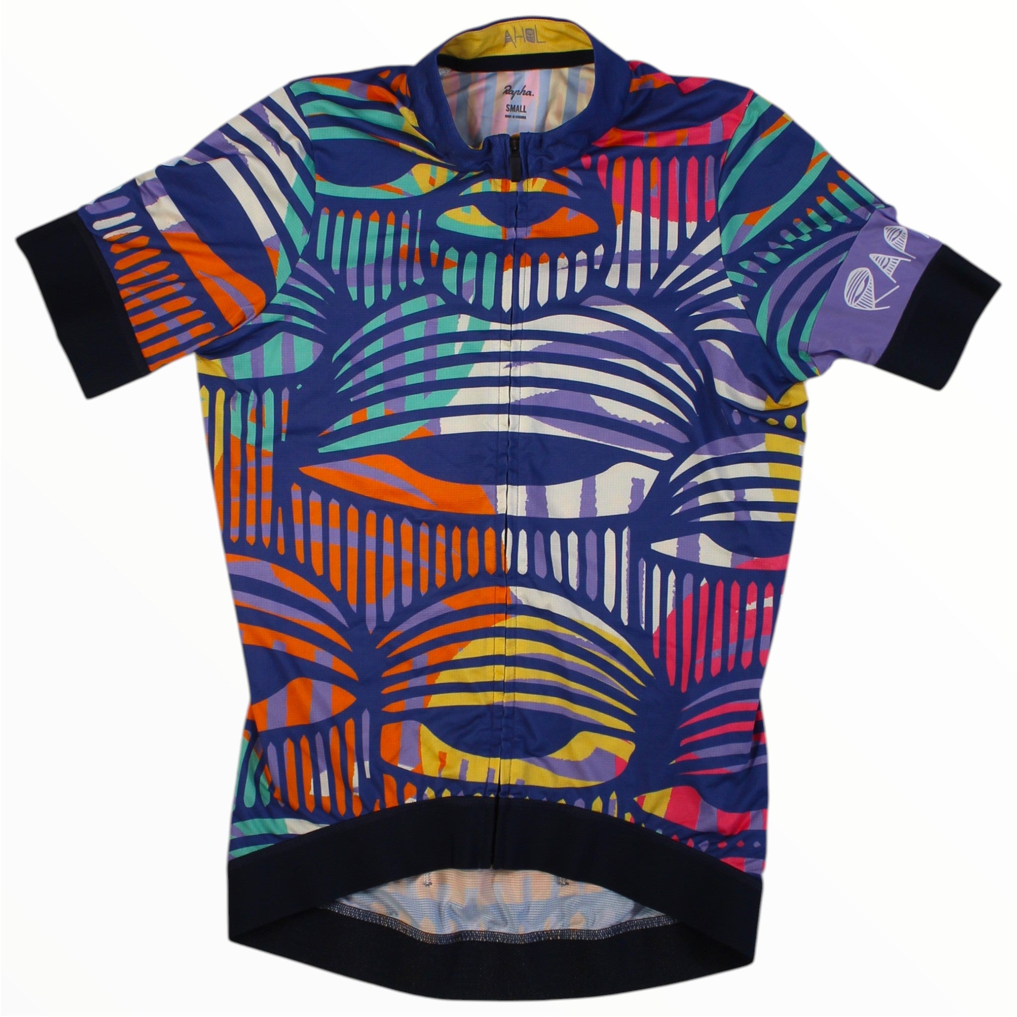 Rapha women’s training jersey, full-zip, multicolor abstract pattern on short sleeves