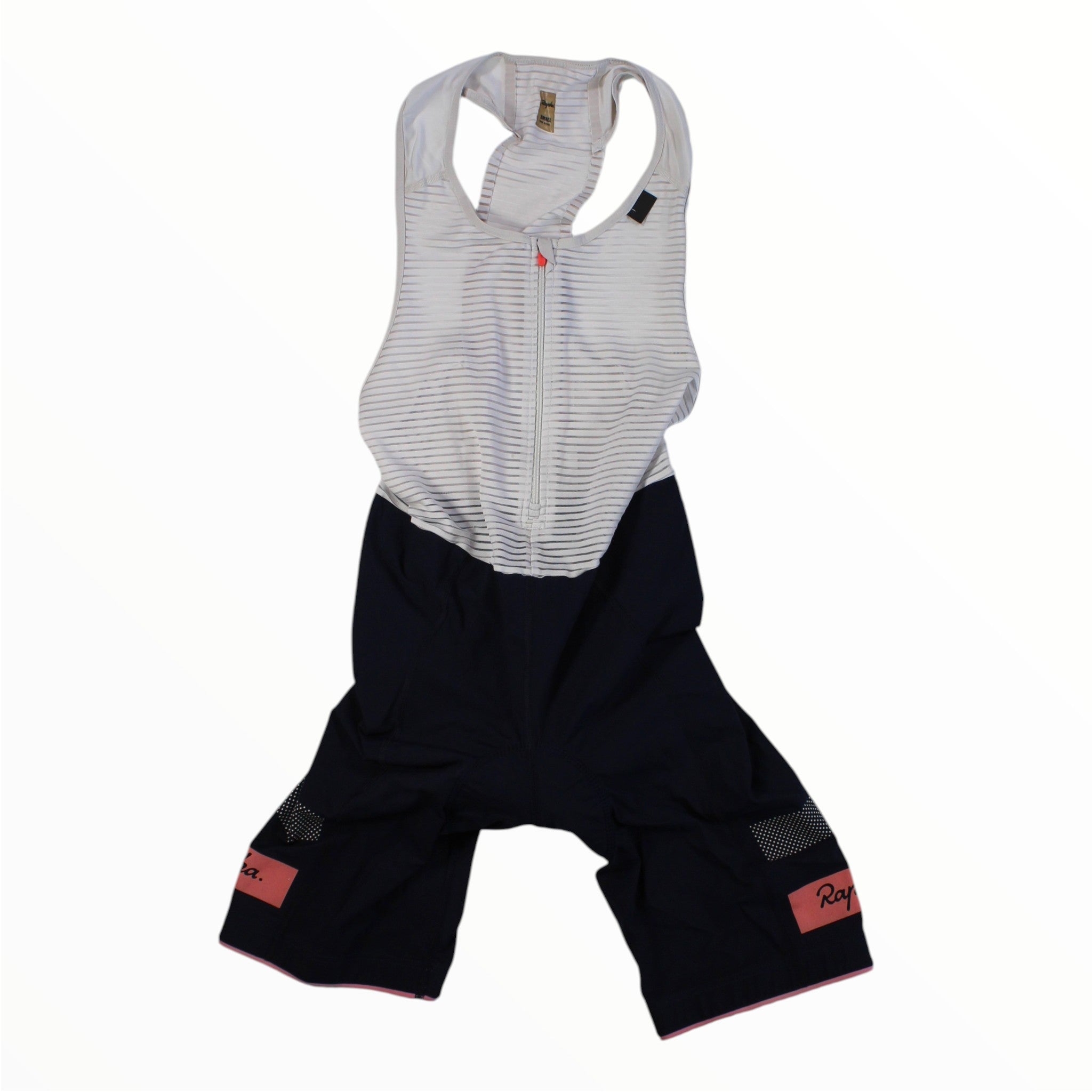 Two-tone white and black cycling bib shorts with red logo patch on leg hem
