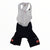 Two-tone white and black cycling bib shorts with red logo patch on leg hem
