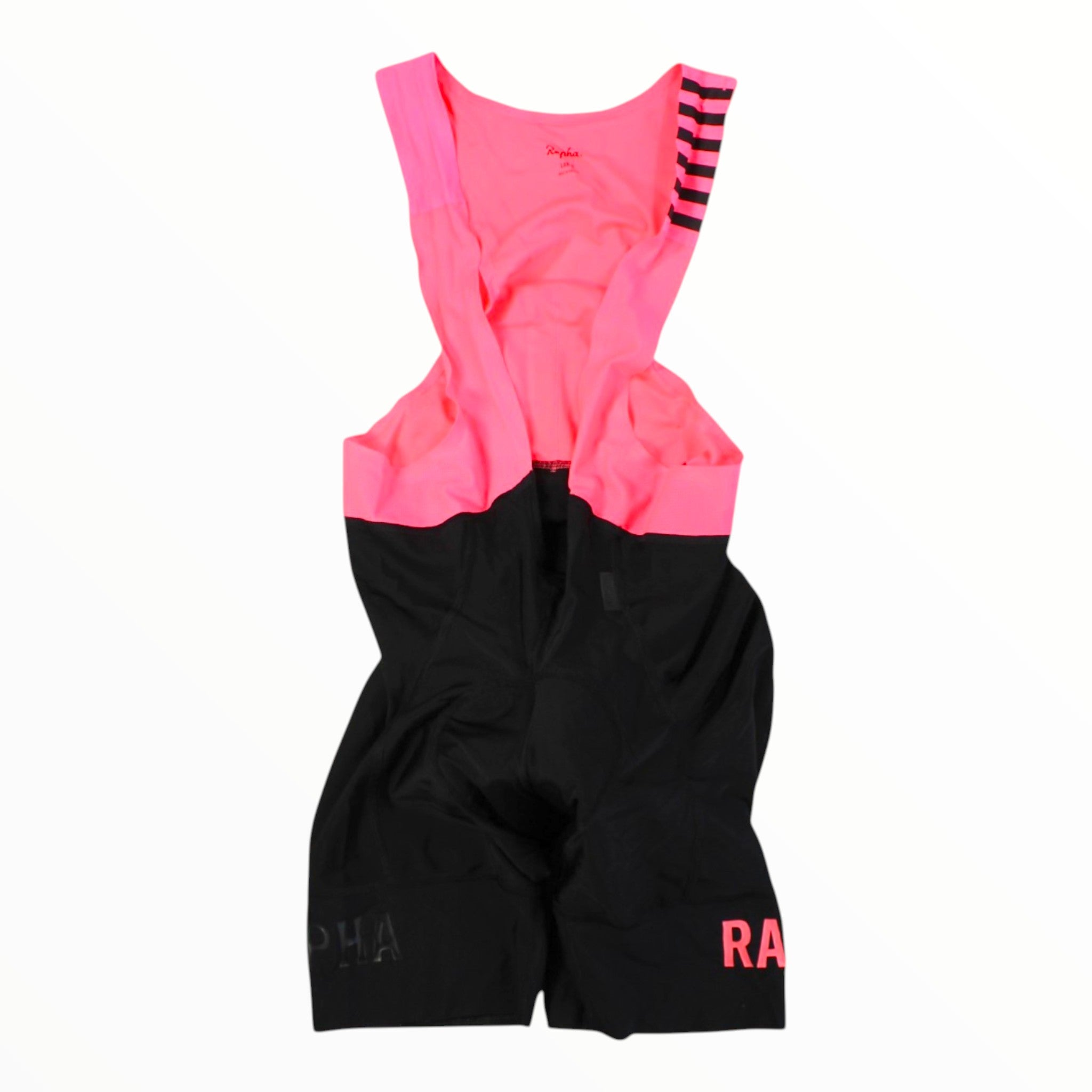 Men's Rapha bib shorts, pink top with black lower panel and bold Rapha lettering.