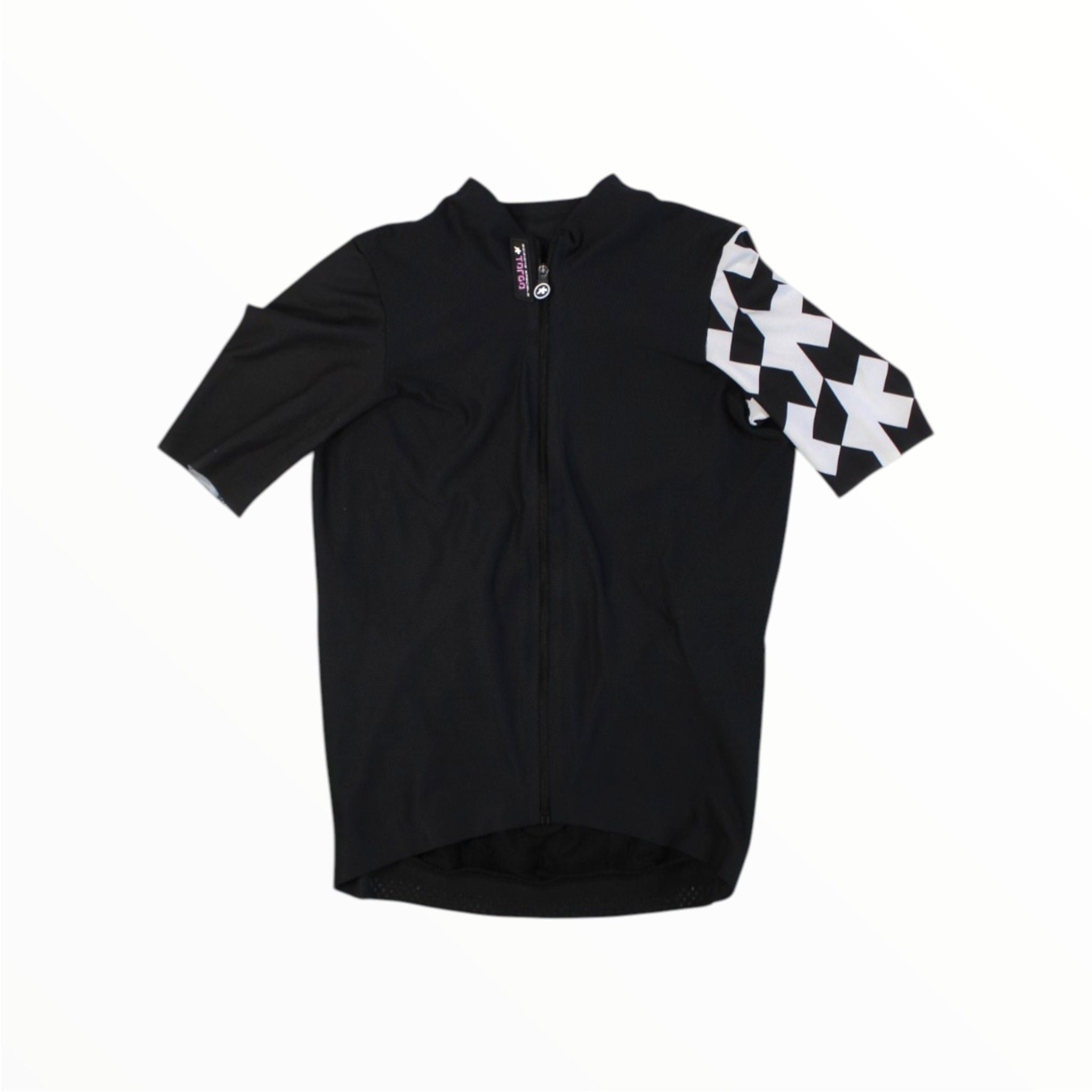 The Womens ASSOS Dyora RS Jersey is a black, short-sleeve cycling top with a front zipper and white geometric overlapping X shapes on the left sleeve; right sleeve and body are solid black—perfect for women cyclists.