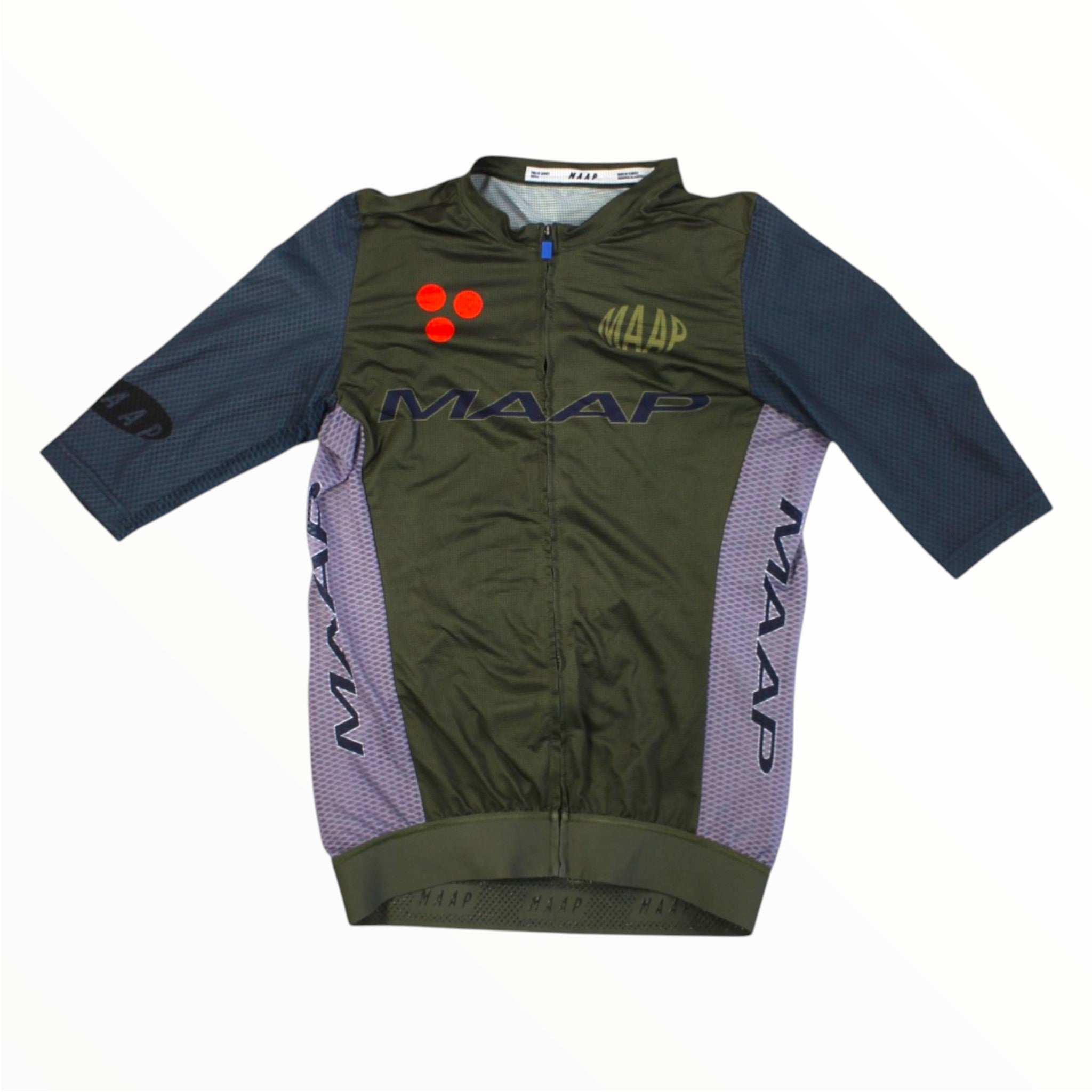 Men's olive green cycling jersey with full-length zipper, dark sleeves, and MAAP logo