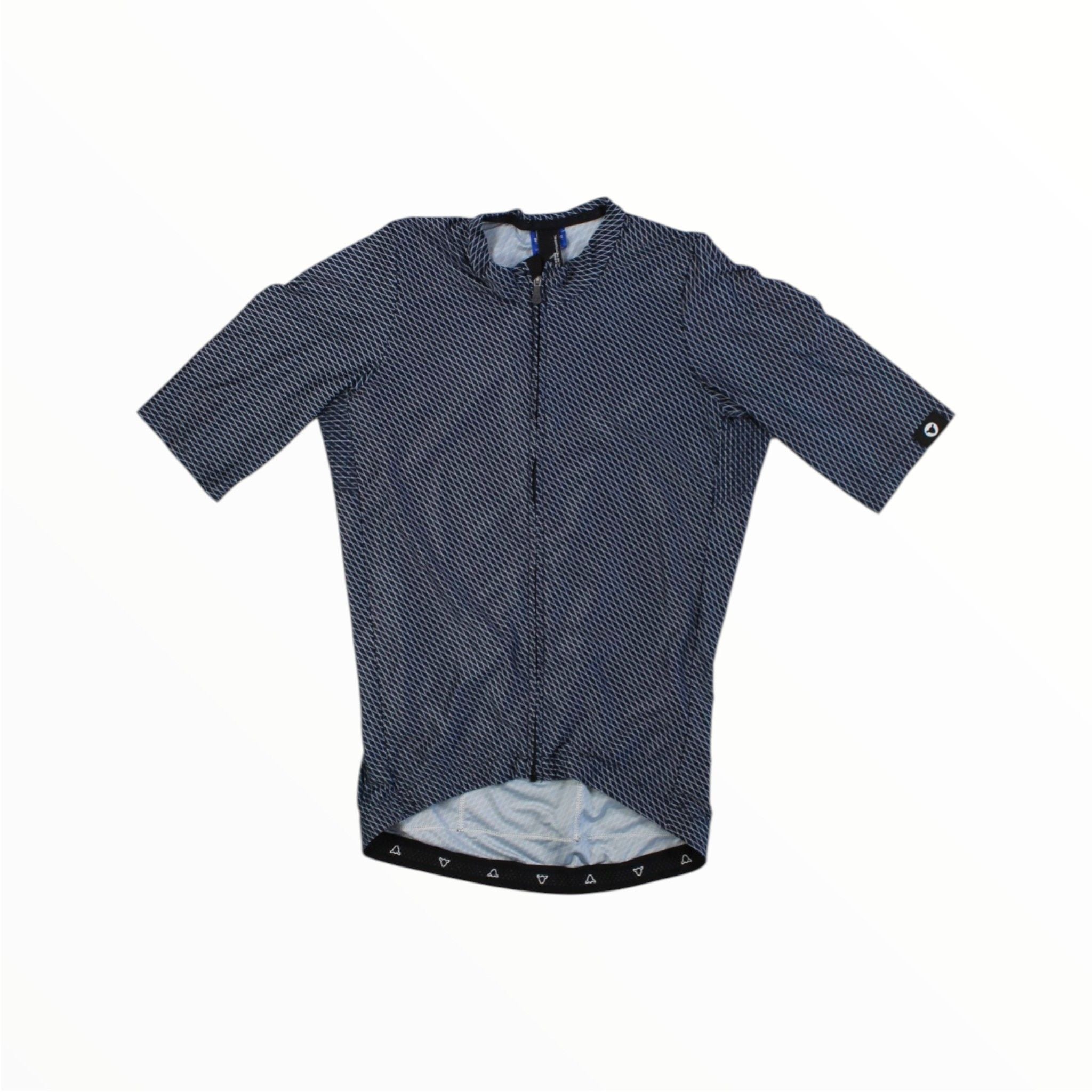 The Black Sheep Cycling Mens Essentials Short Sleeve Team Jersey is a zip-up cycling jersey in dark blue and white geometric print with a high-low hem and small left sleeve logo, shown laid flat on a white background.