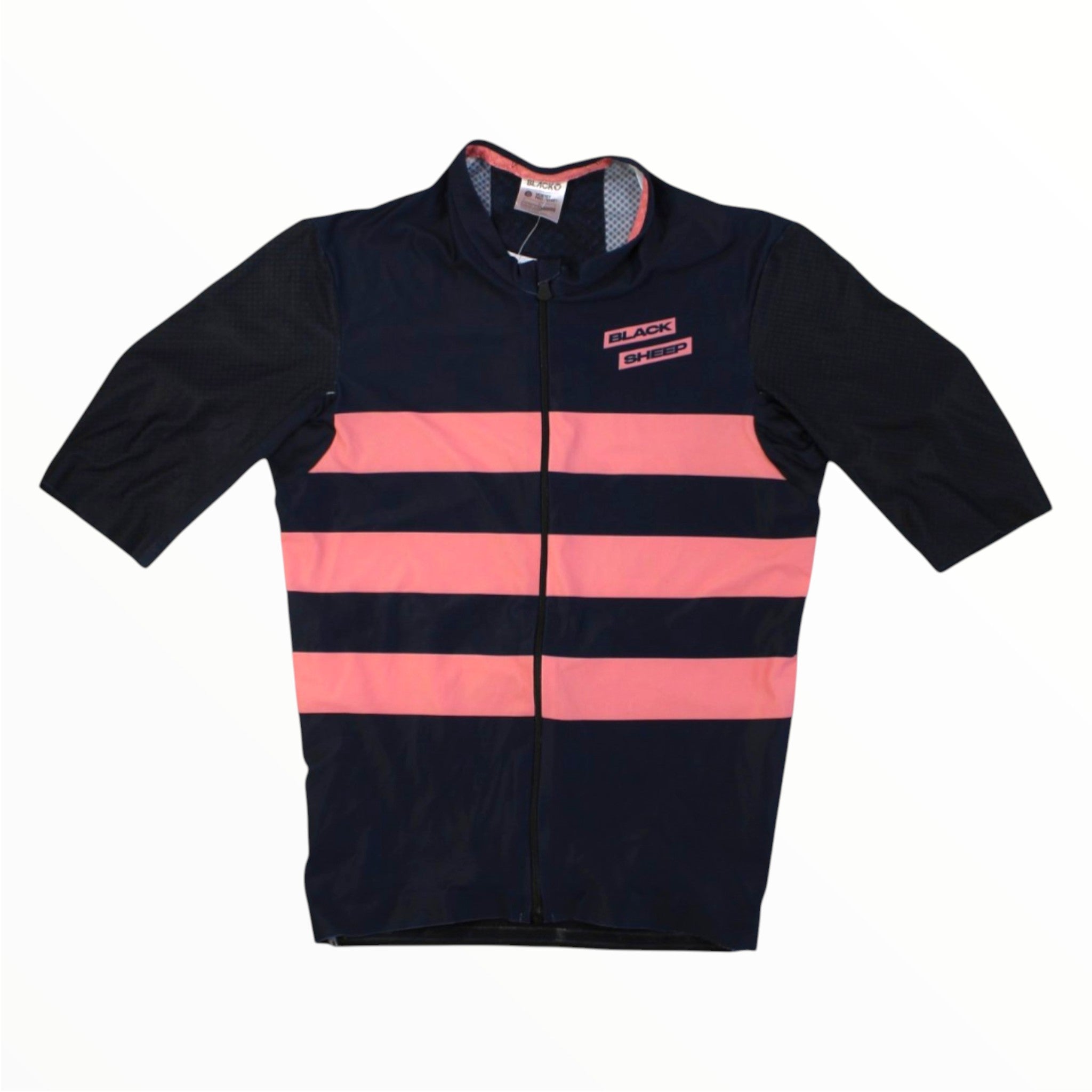Black Sheep Cycling cycling jersey with full-length zipper and pink stripe front