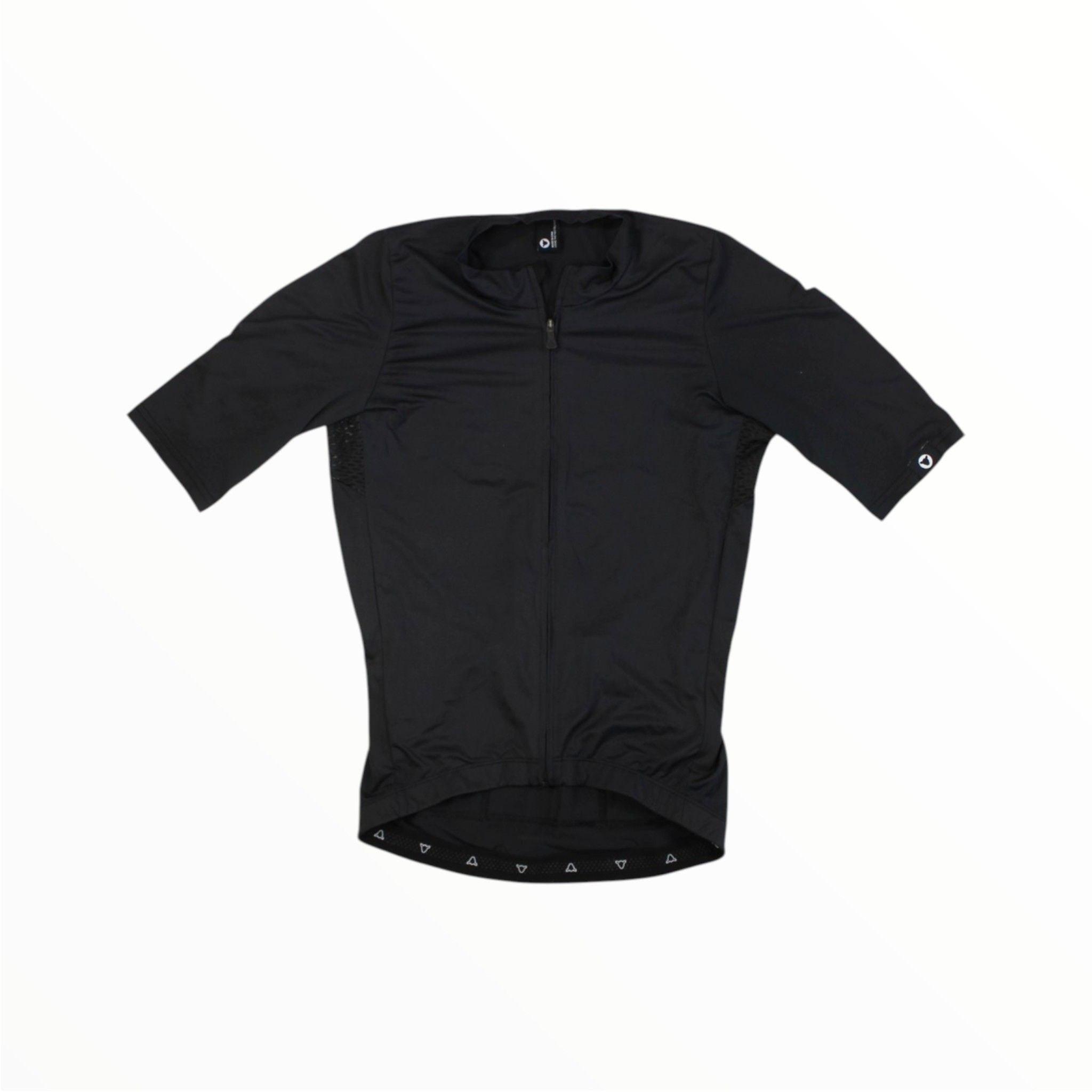 The Black Sheep Cycling Men's Team SS Jersey, shown in black with short sleeves and a front zipper on a white background, offers moisture-wicking fabric, a high collar, and a fitted design for comfort and cycling performance.