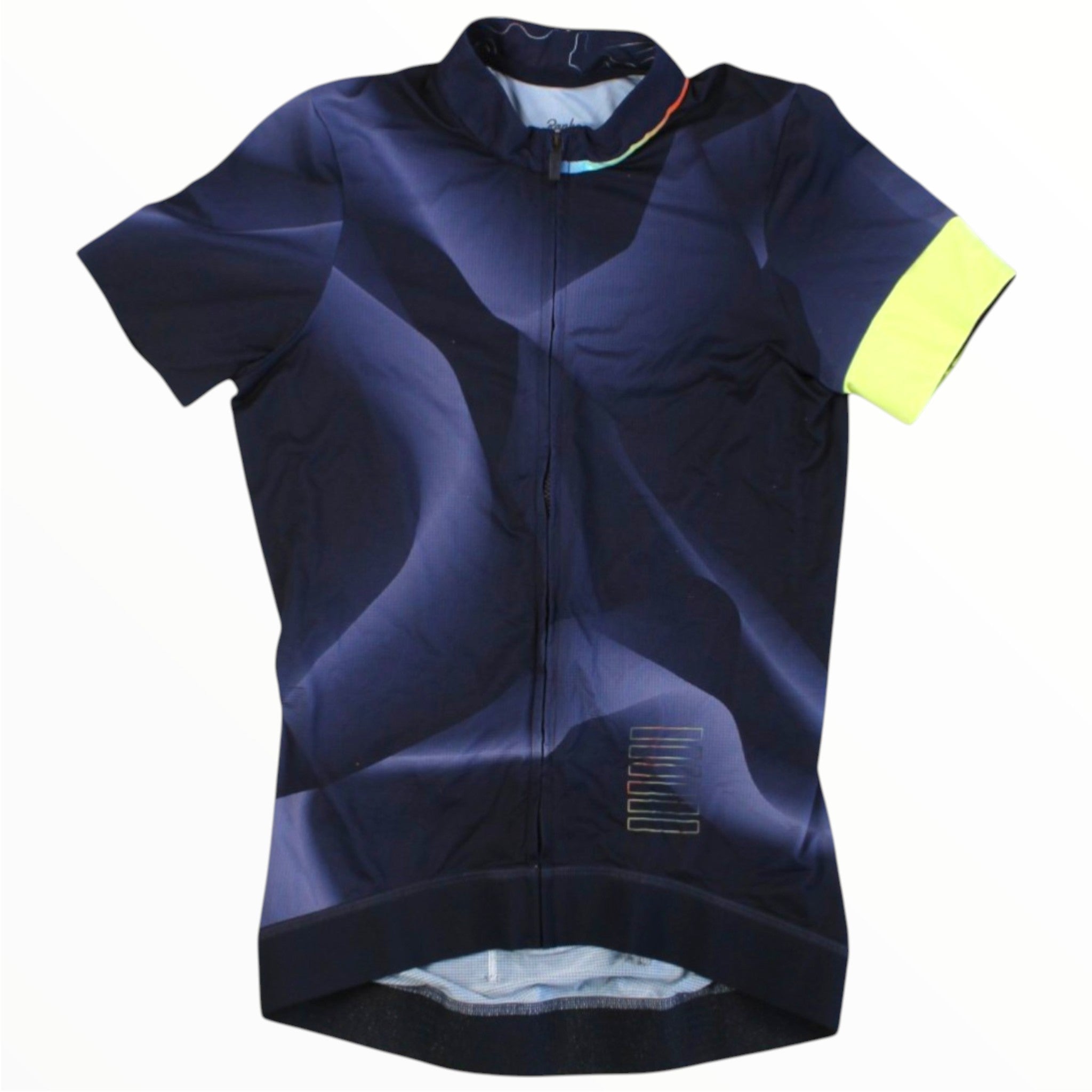Rapha women’s training jersey, full-zip, dark navy with neon yellow sleeve accents