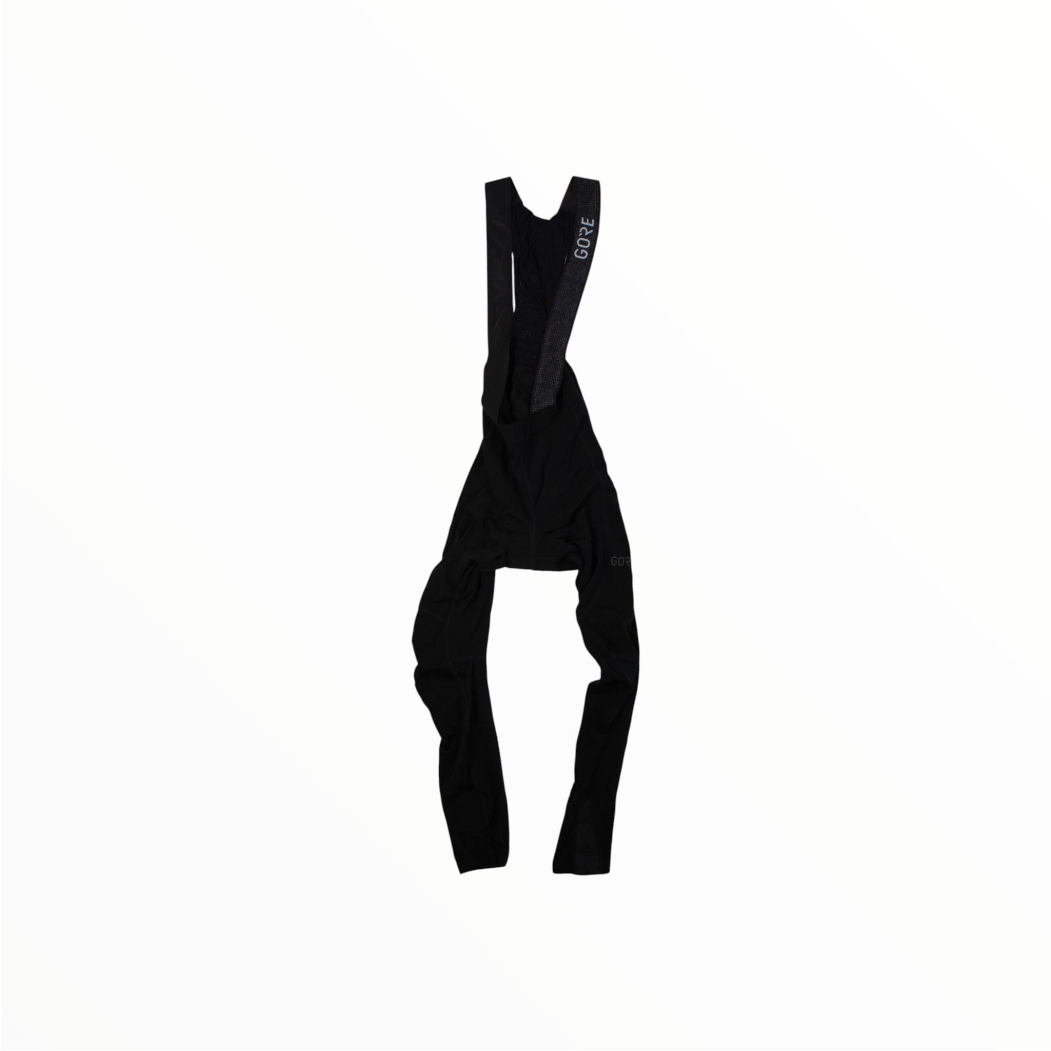 The Gorewear Mens Thermo Cycling Bib Tights with Pad are black bib shorts featuring shoulder straps for comfort and support, shown against a plain white background.