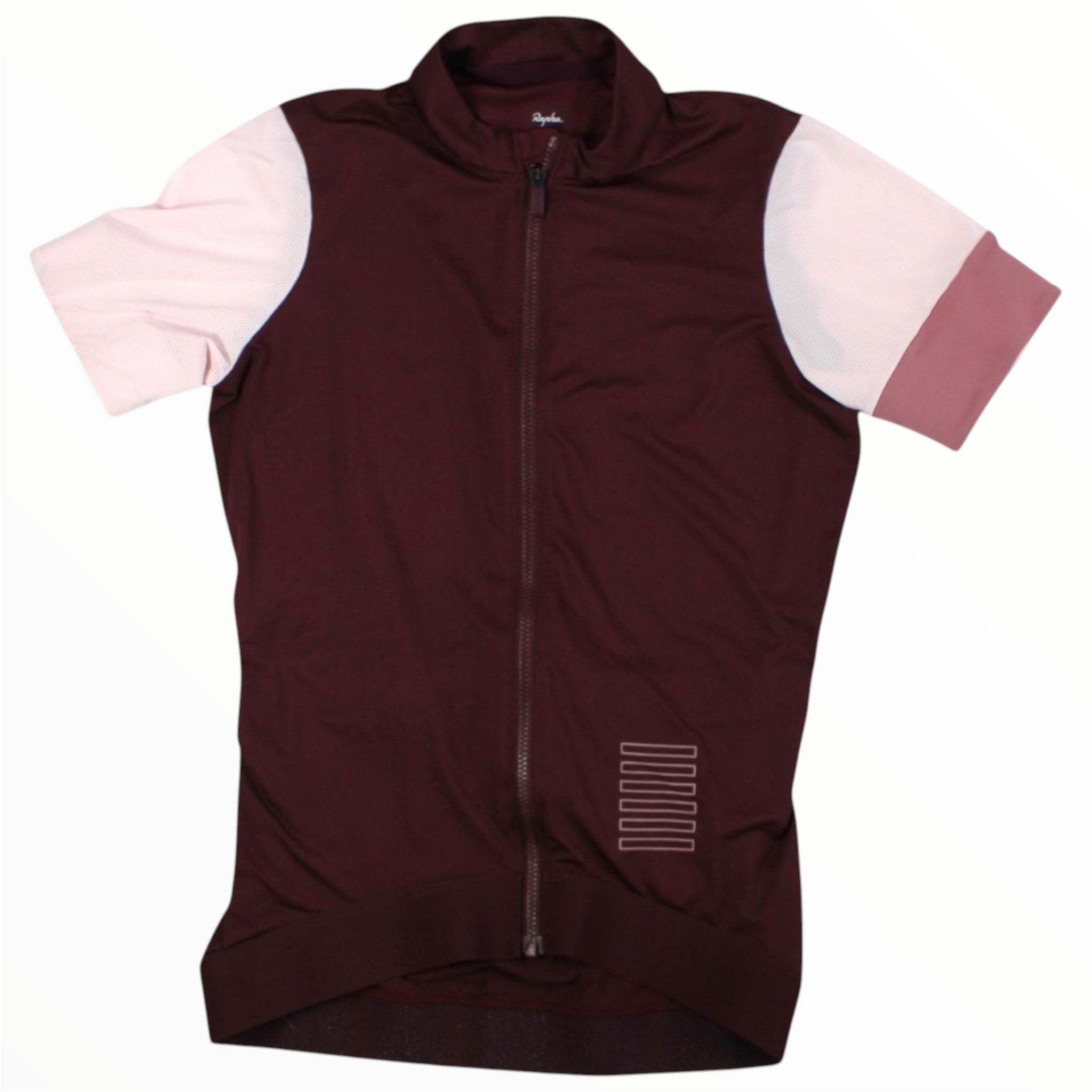 Rapha women’s training jersey, full-zip, maroon body with pale pink sleeve panels