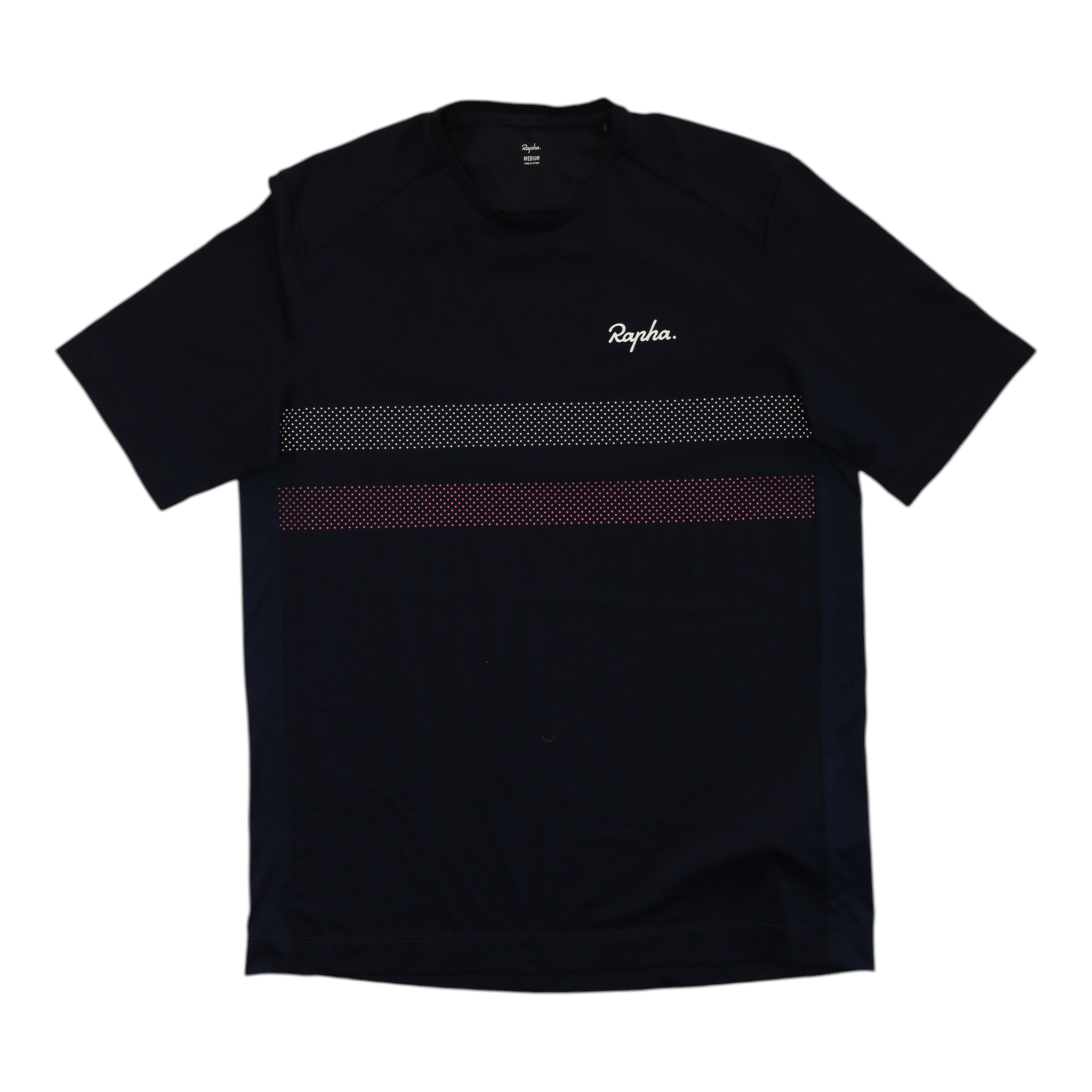 Dark technical T-shirt with crew neck, horizontal stripe graphic, and Rapha logo at chest