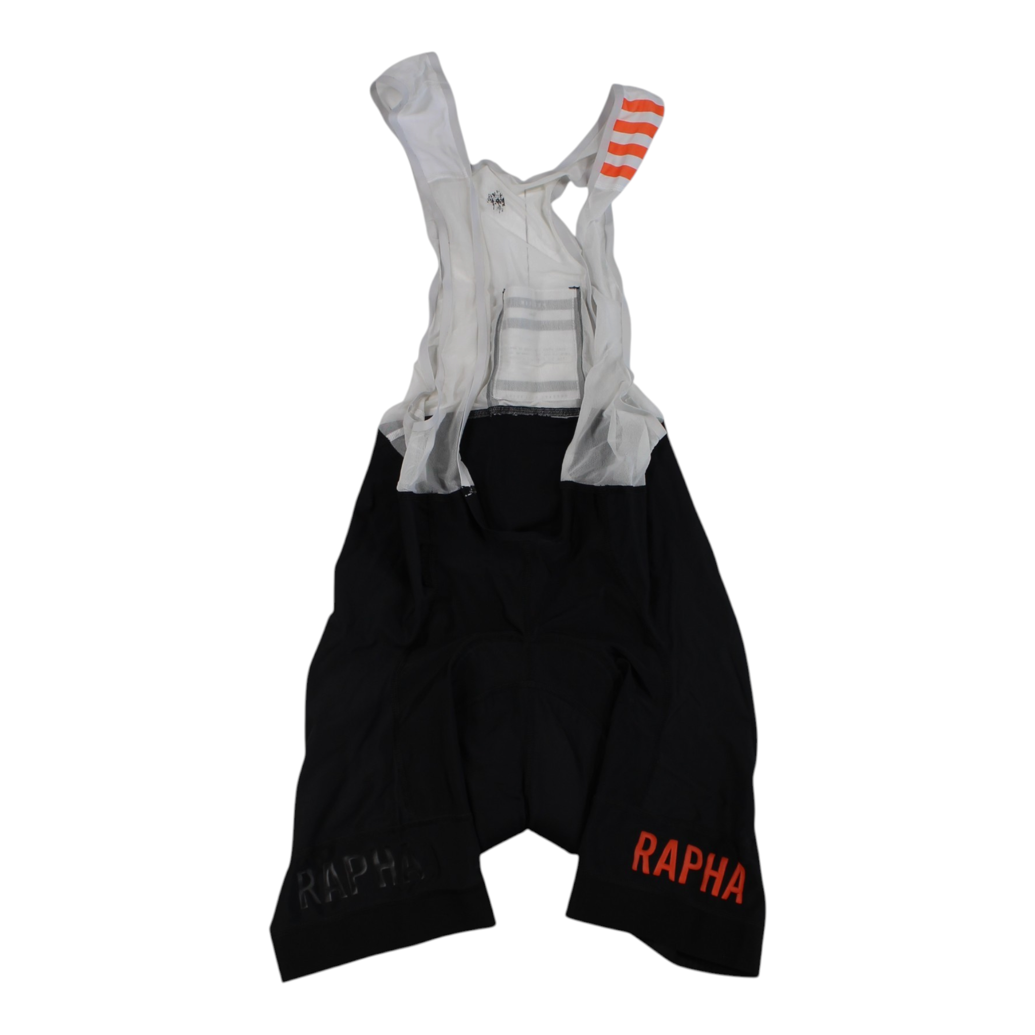 Cycling bib shorts, black legs with white bib top and orange RAPHA logos