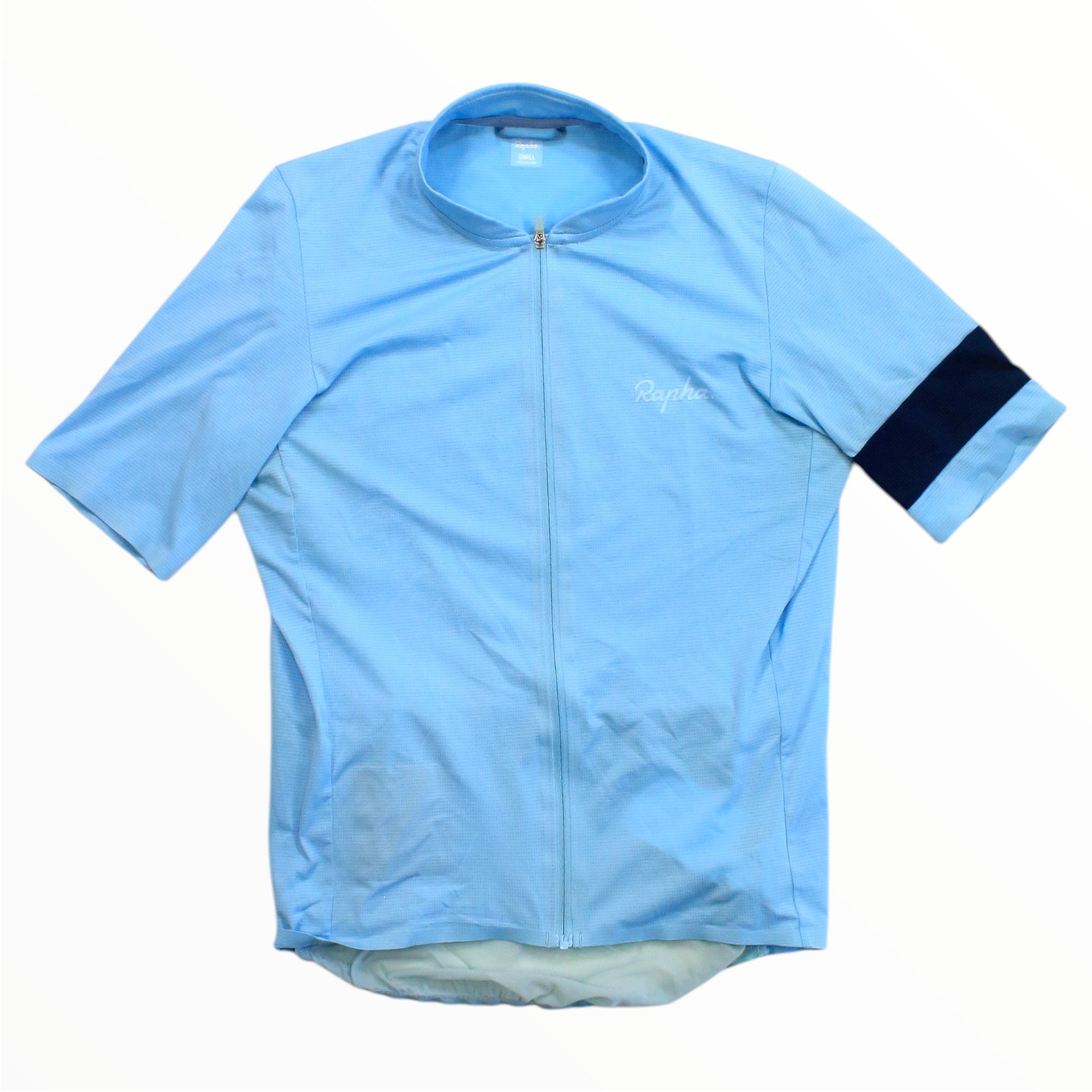 Men's Rapha flyweight cycling jersey in light blue with short sleeves and full zip front