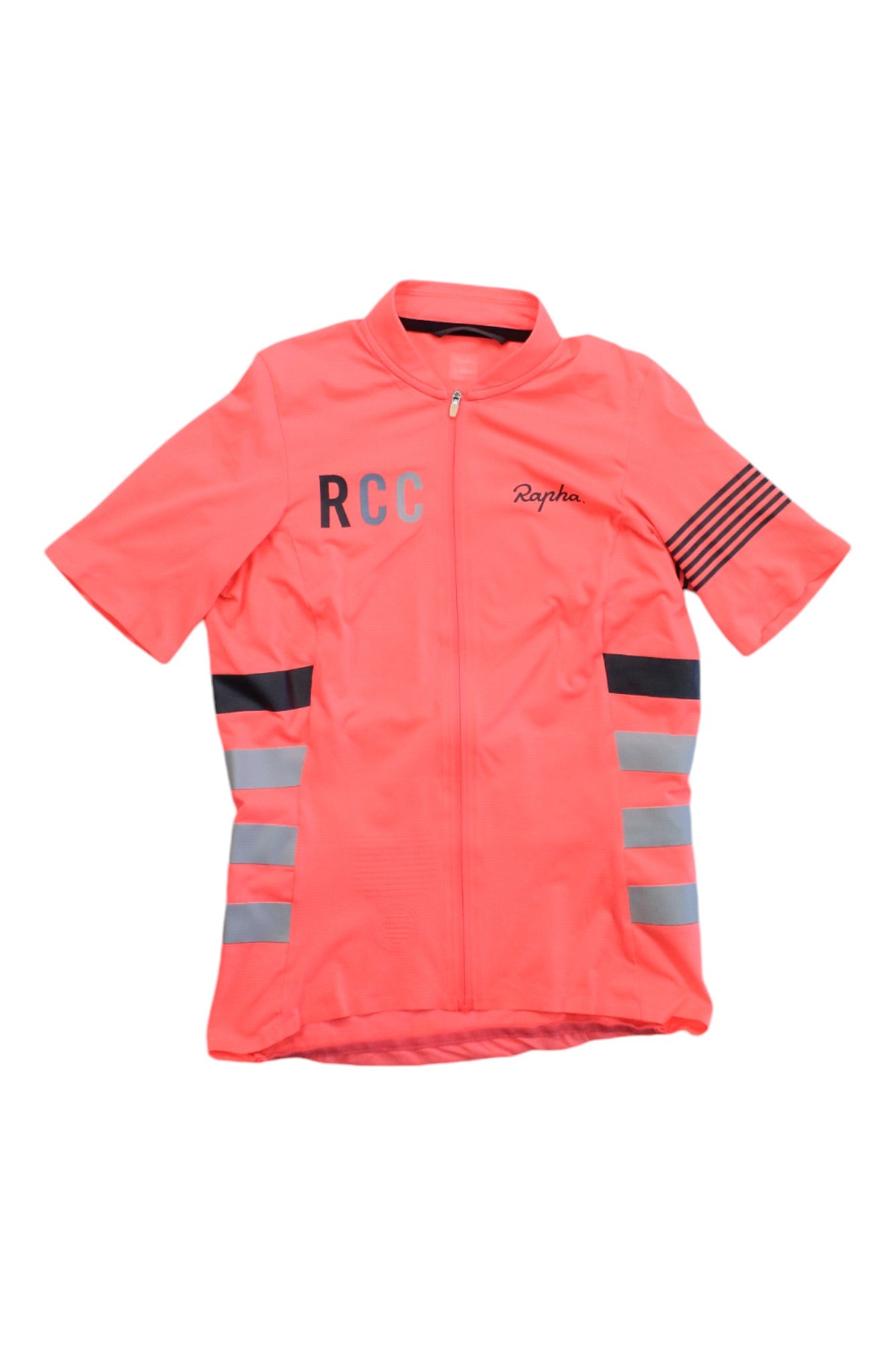 Introducing the Rapha Womens Classic Flyweight Jersey: a bright pink short-sleeve cycling jersey for women, featuring black and gray stripes on the sides and sleeves, a full-length front zipper, and RCC and Rapha logos on the chest. Designed by Rapha, this lightweight jersey delivers comfort and performance on warm weather rides.