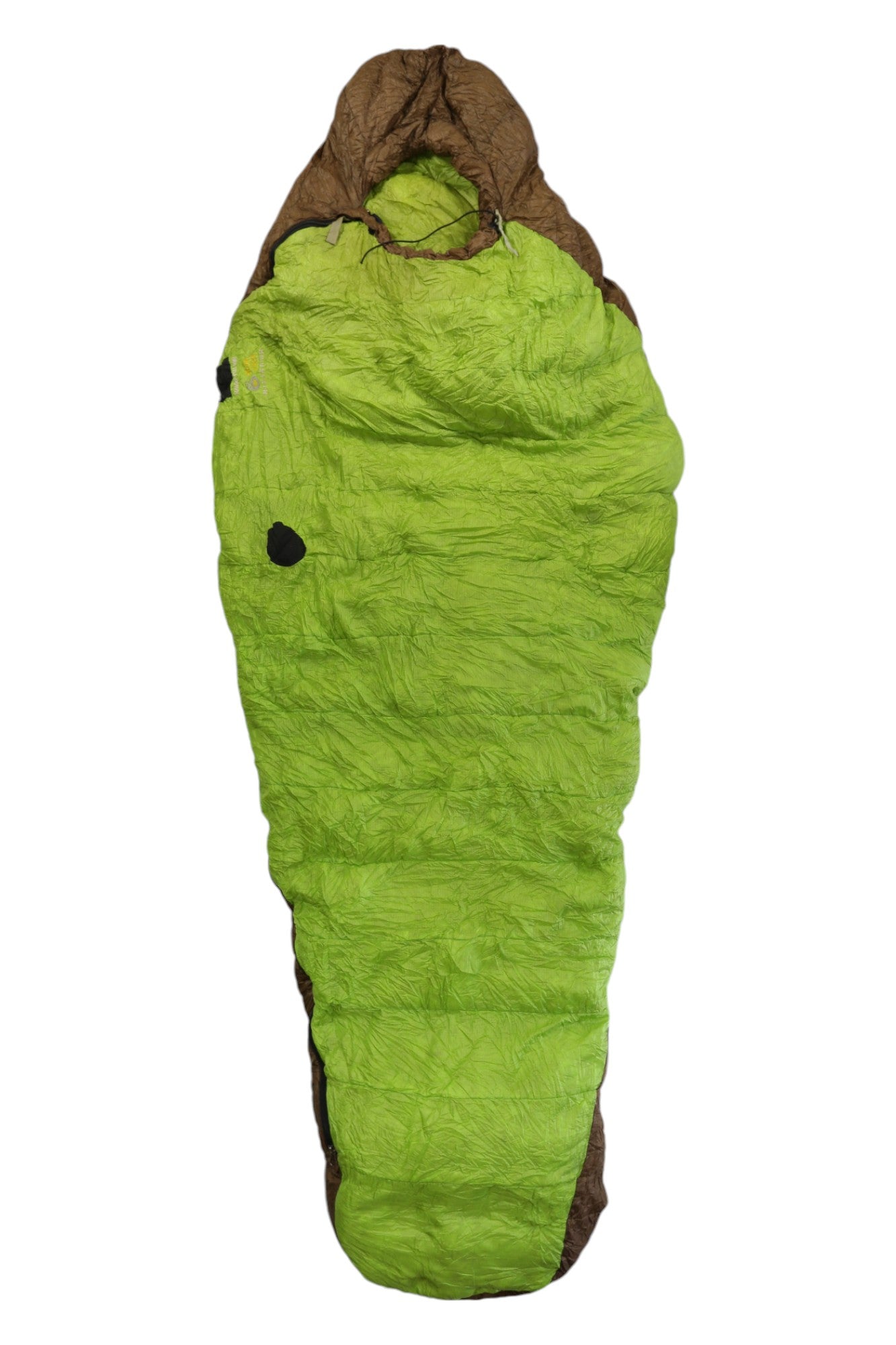 Green hooded sleeping bag with tapered foot and dark trim