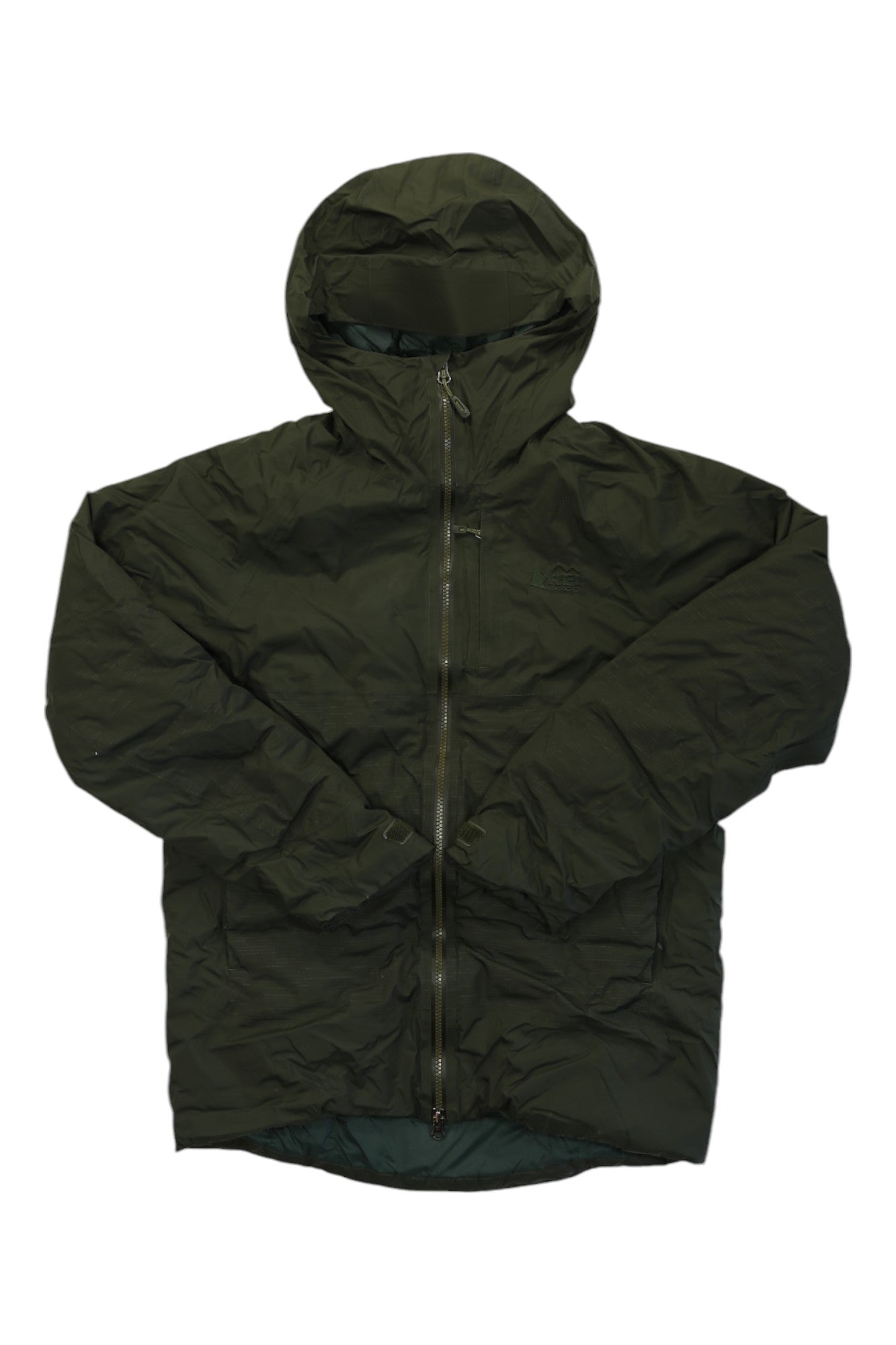 Green hooded puffer jacket with full-length zipper, front pockets, and elastic cuffs