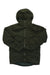 Green hooded puffer jacket with full-length zipper, front pockets, and elastic cuffs