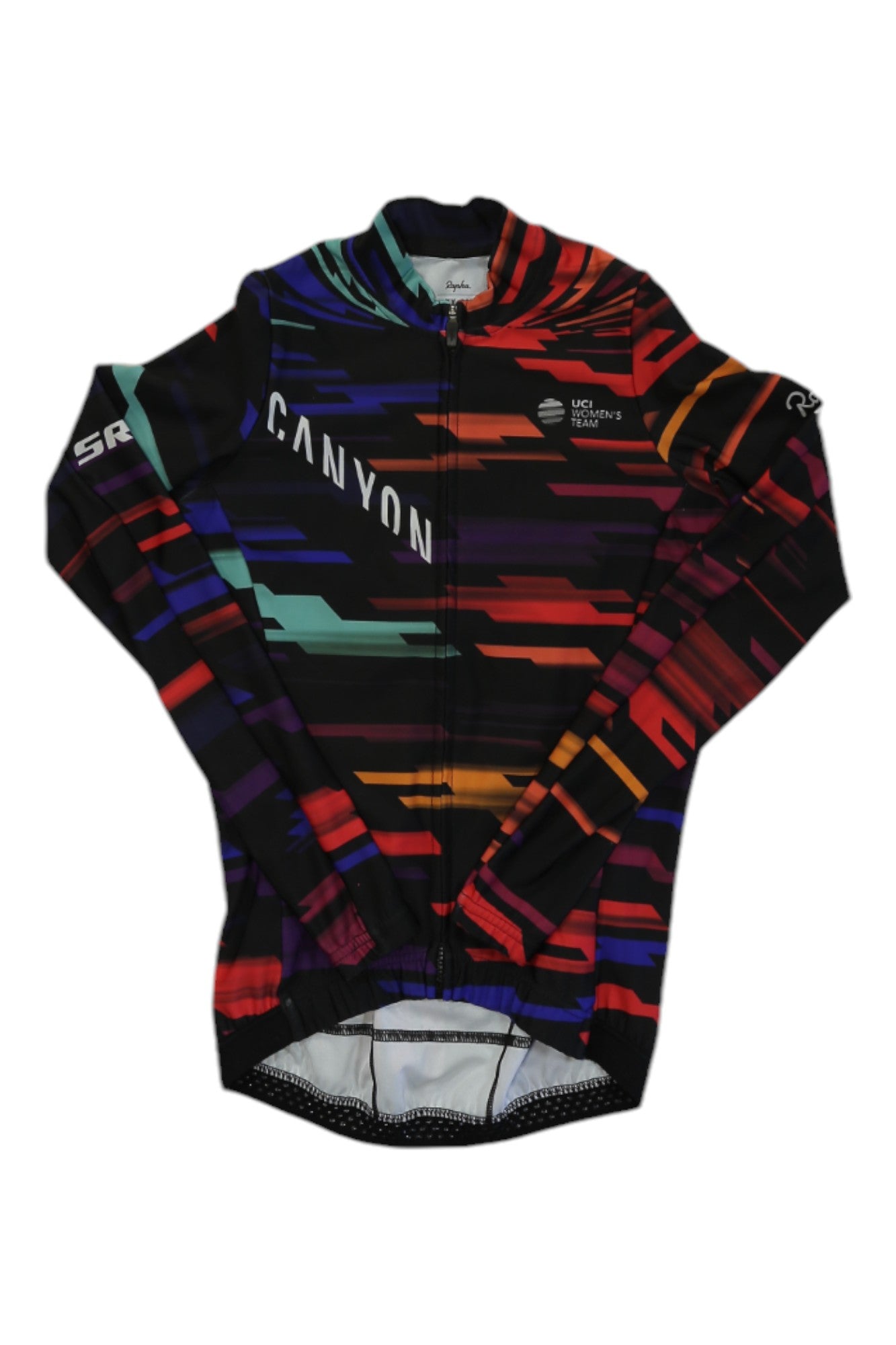 A vibrant Rapha Long Sleeve Souplesse Jersey for women, featuring a bold, multicolored geometric pattern and prominent CANYON branding on the front. Inspired by Rapha's iconic Souplesse Jersey designs, this piece is displayed flat against a white background.
